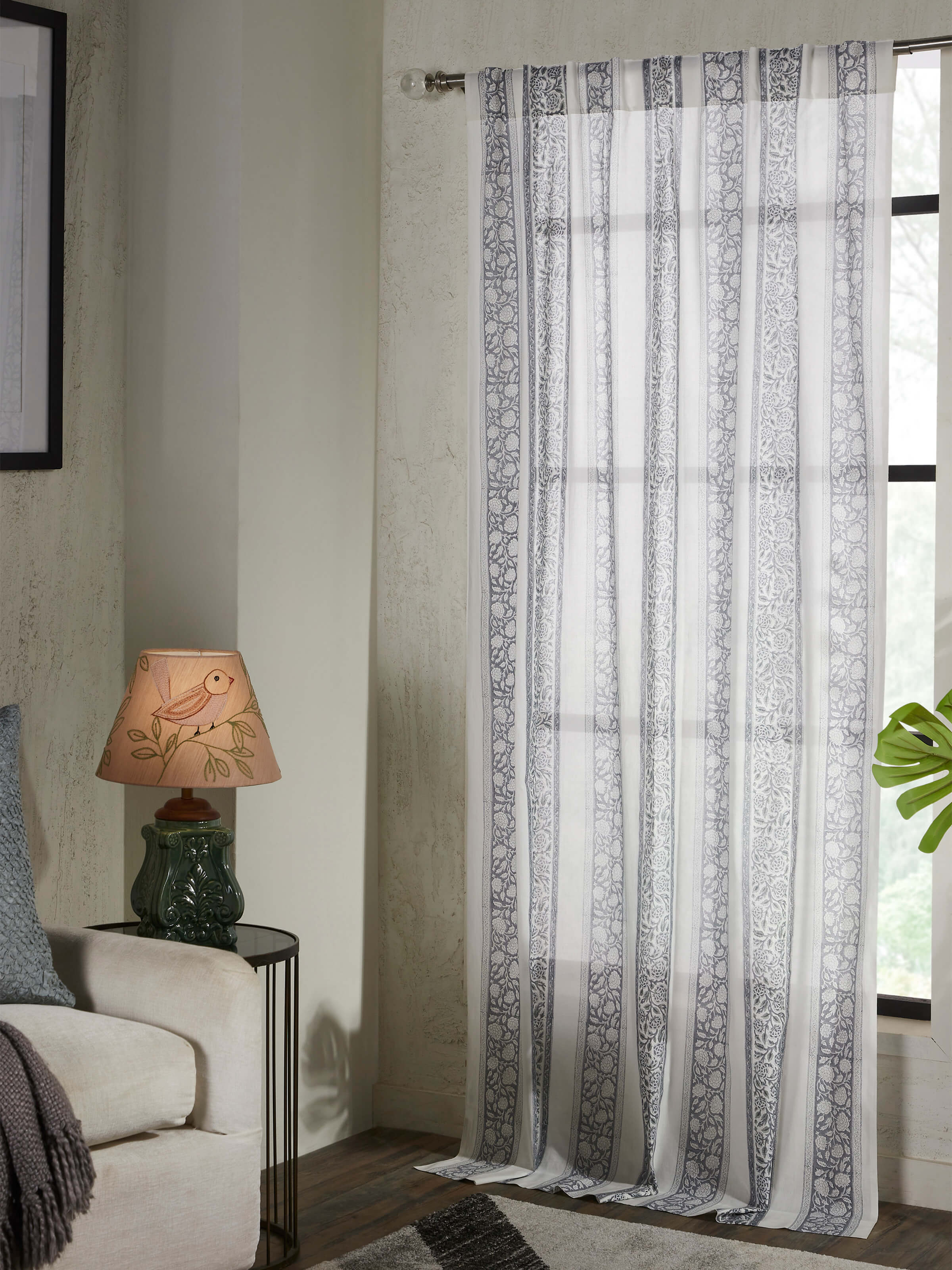 Saha grey floral cotton Sanganeri block printed sheer curtain (7 ft) with detailed print.