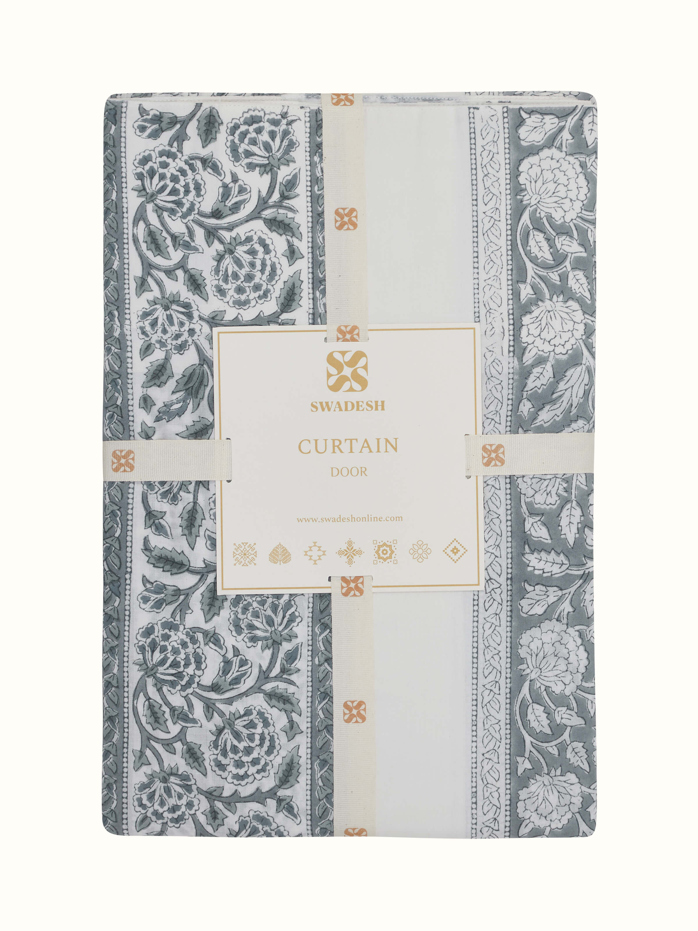 Saha grey floral cotton Sanganeri block printed sheer curtain (7 ft) with detailed view.