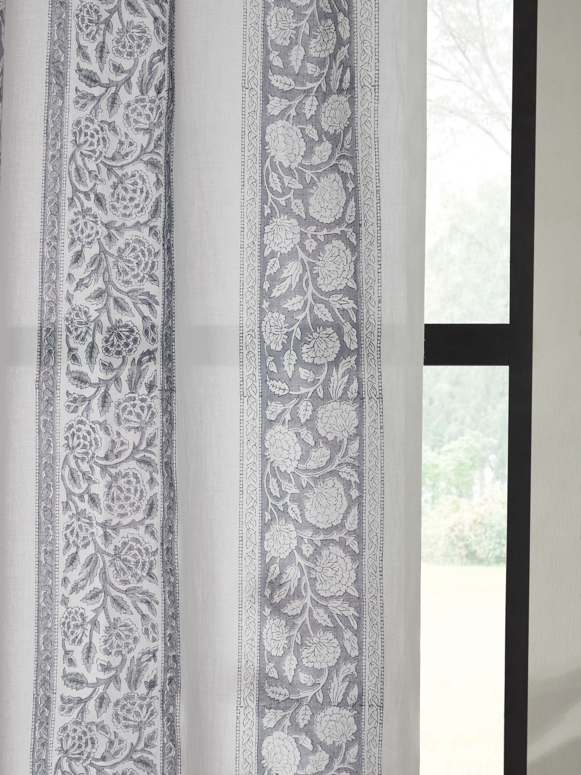 Saha grey floral cotton Sanganeri block printed sheer curtain (7 ft) with pattern focus.