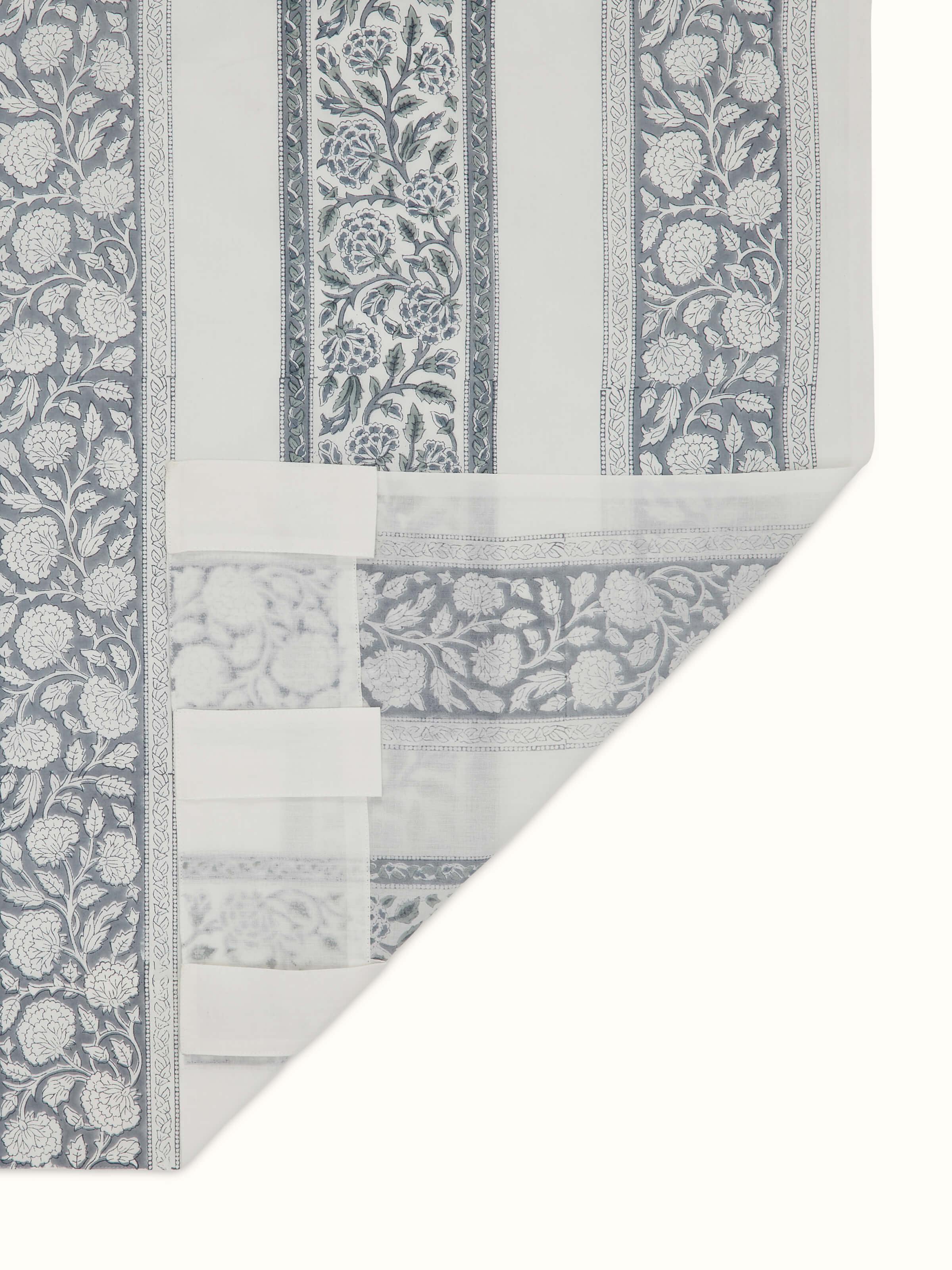 Saha grey floral cotton Sanganeri block printed sheer curtain (7 ft) showing full length.