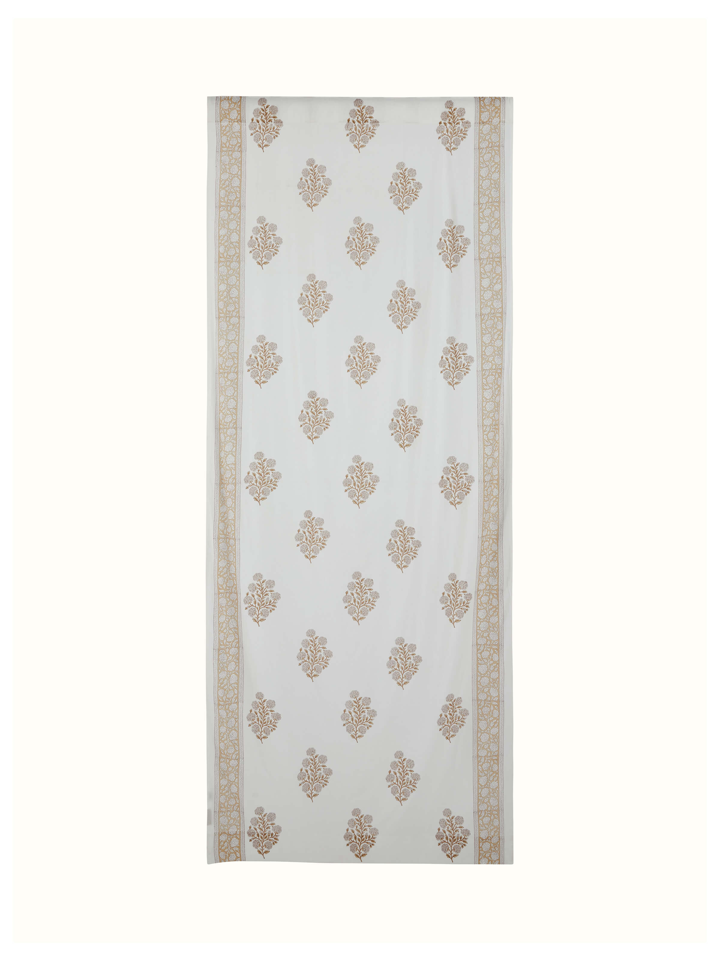Front view of Saha brown floral buta cotton Sanganeri block printed sheer curtain hanging, showcasing intricate floral patterns