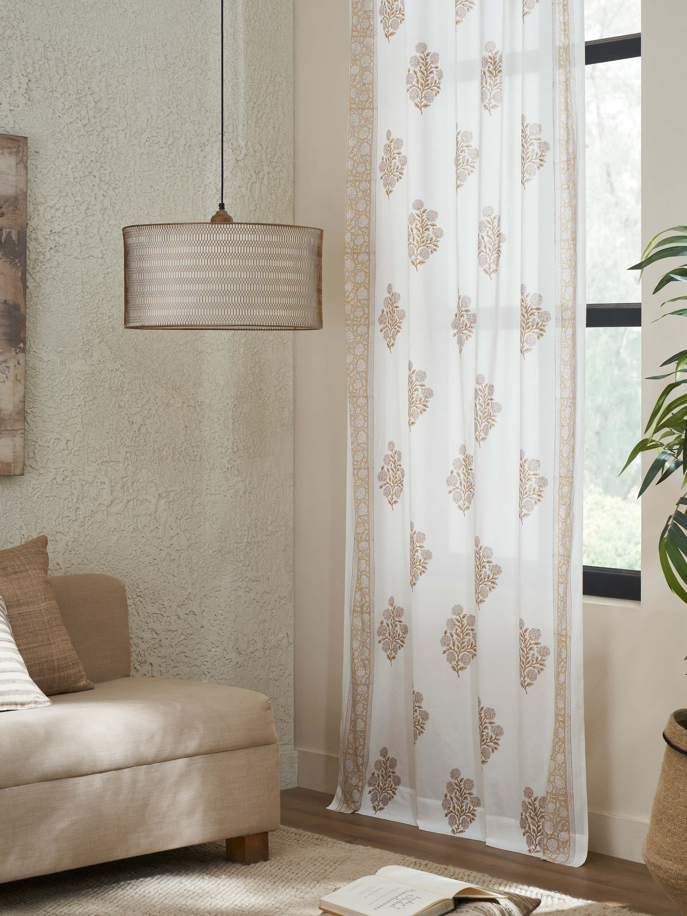 Close-up of Saha brown floral buta cotton Sanganeri block printed sheer curtain, highlighting detailed block print design