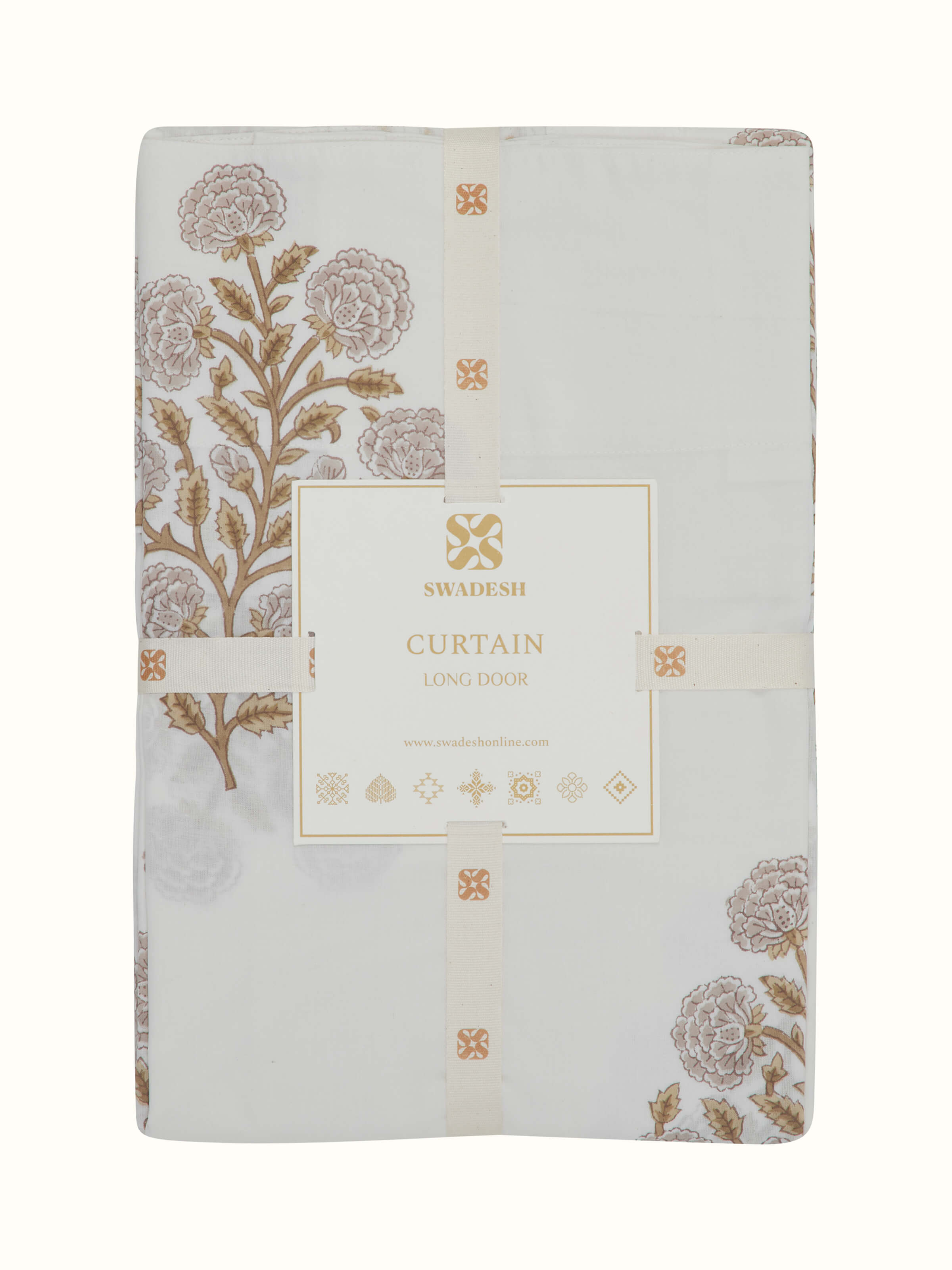 Side view of Saha brown floral buta cotton Sanganeri block printed sheer curtain displaying its fabric drape and floral pattern