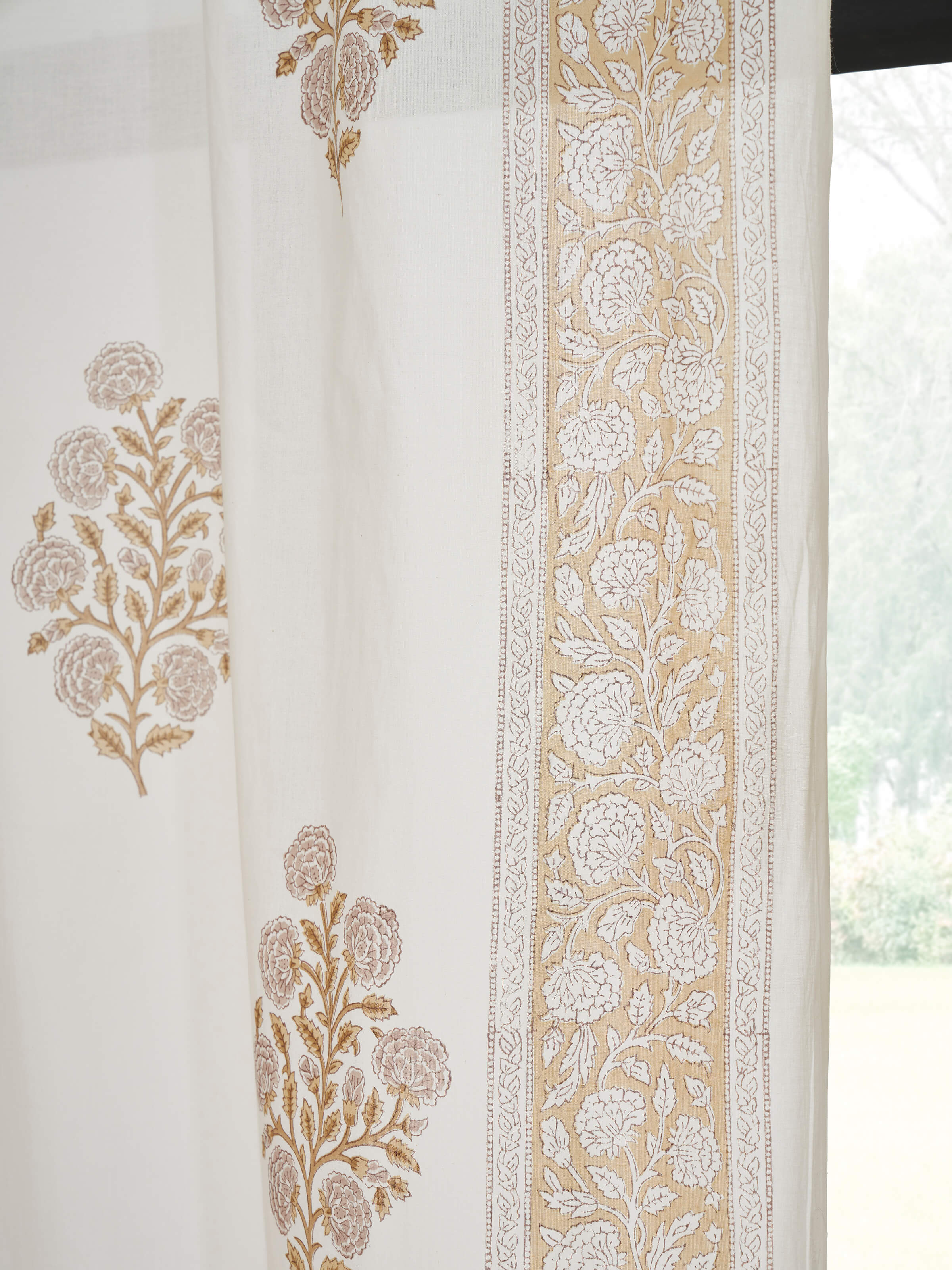 Detailed view of Saha brown floral buta cotton Sanganeri block printed sheer curtain showing the block print and texture