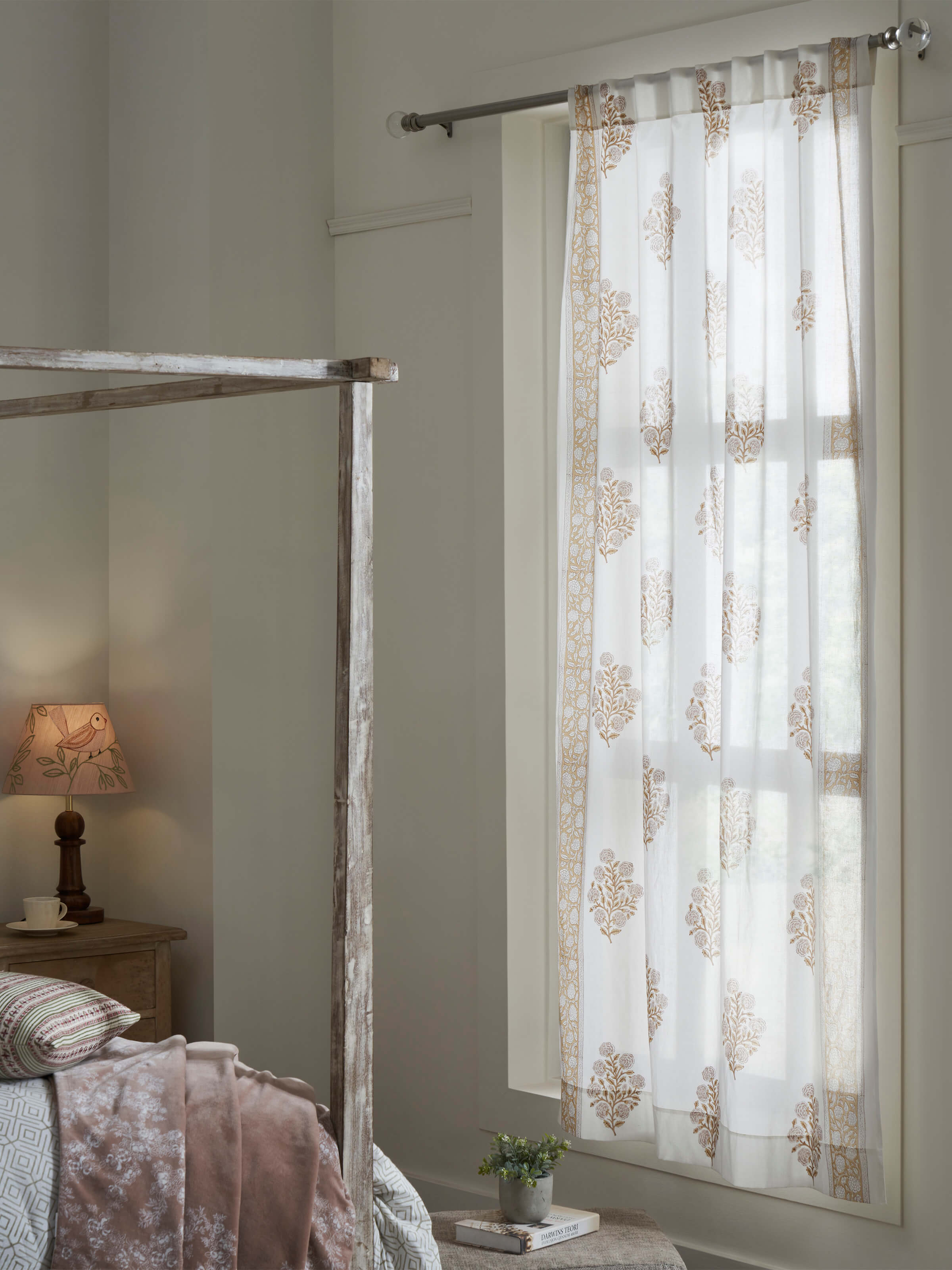 Close-up of Sanjhi Brown Floral Cotton Sanganeri Block Printed Sheer Curtain (7 ft) emphasizing the detailed block print and fabric texture.
