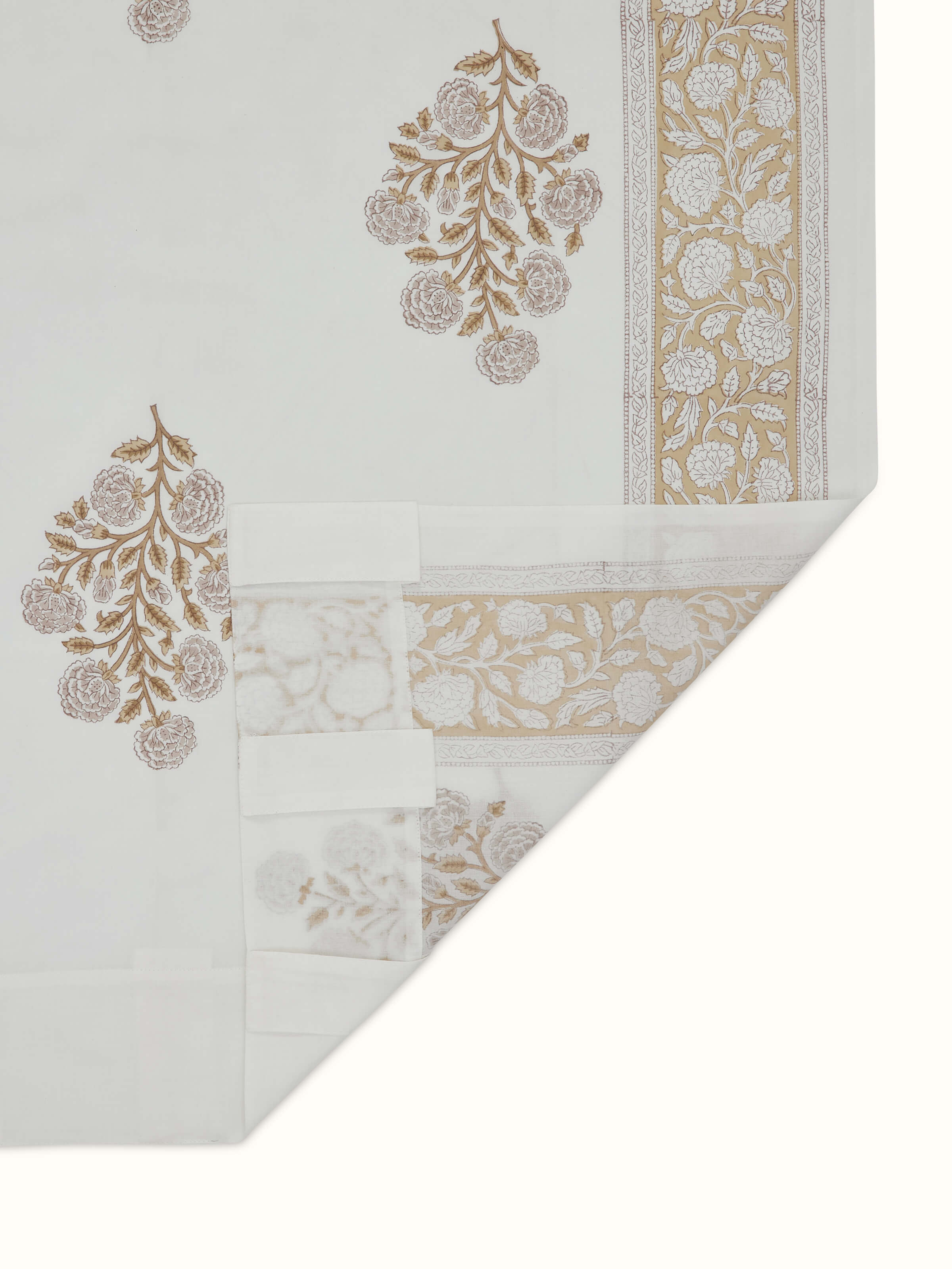 Back side view of  Sanjhi Brown Floral Cotton Sanganeri Block Printed Sheer Curtain (7 ft) emphasizing the detailed block print and fabric texture.