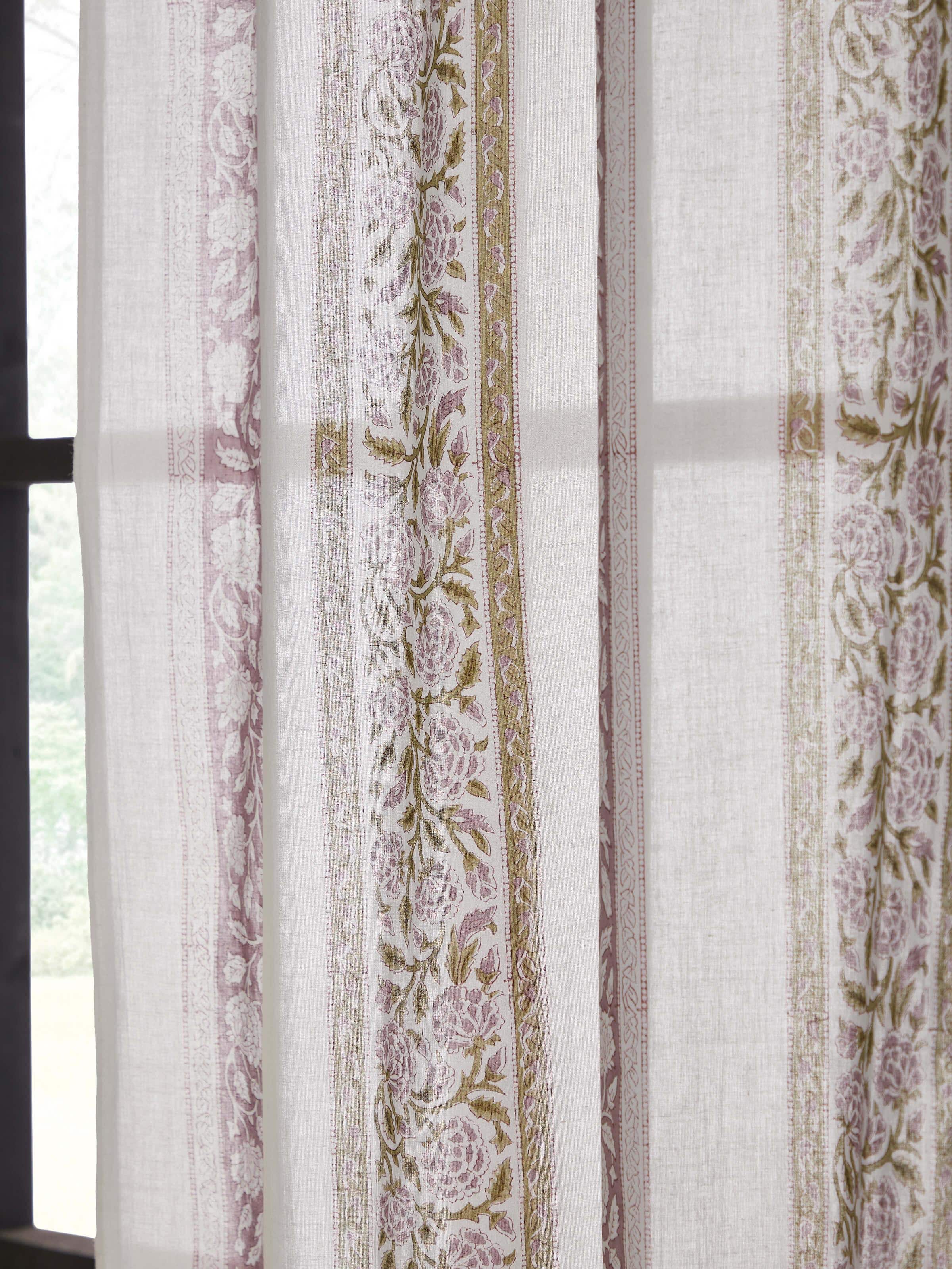 Sanjhi light purple floral border cotton Sanganeri block printed sheer curtain (9 ft) in a window setting displaying its design and flow.