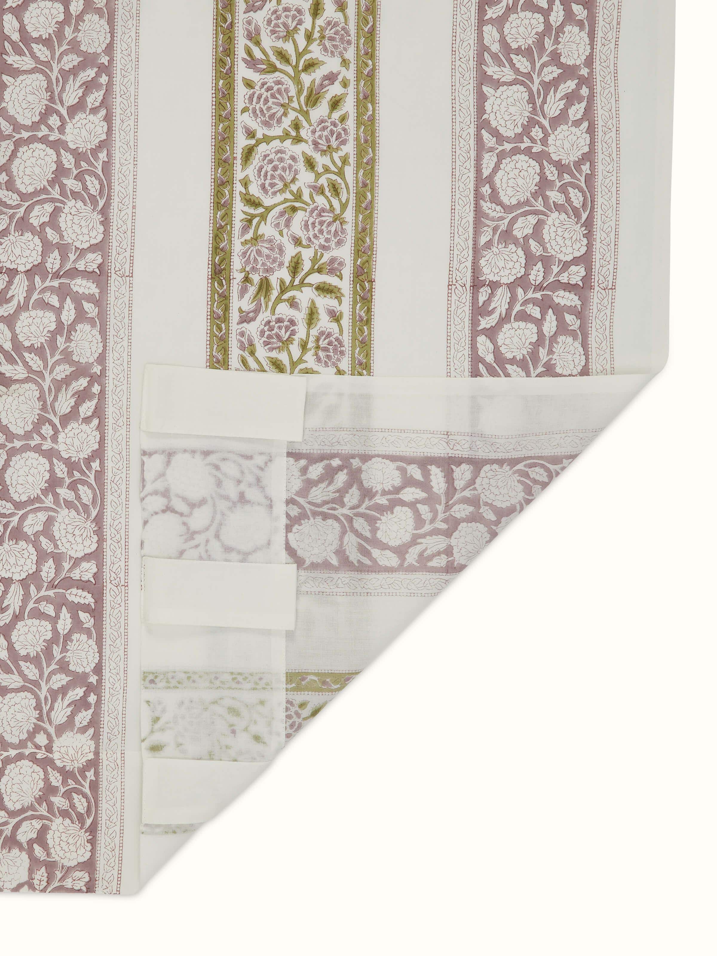 Sanjhi light purple floral border cotton Sanganeri block printed sheer curtain (9 ft) displayed with emphasis on the floral border design.