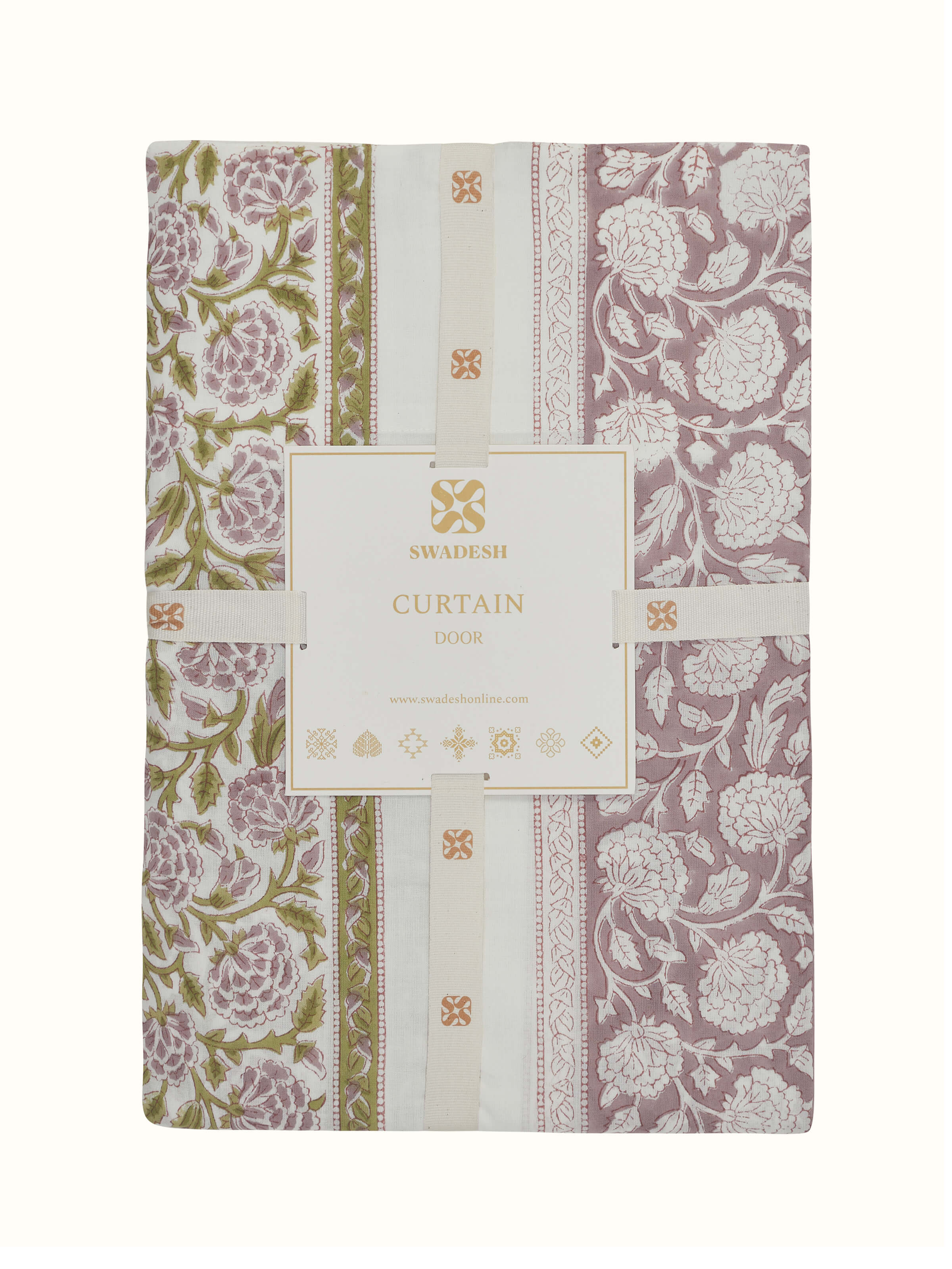 Side view of Sanjhi light purple floral border cotton Sanganeri block printed sheer curtain, demonstrating its drape and design details