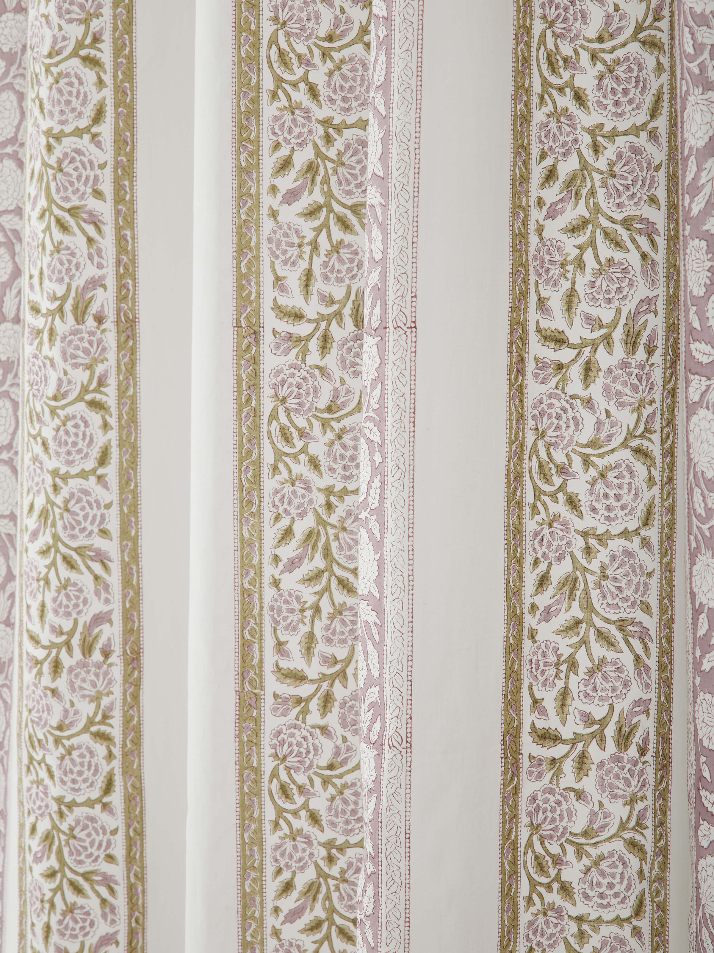 Detailed view of the floral border on Sanjhi light purple cotton Sanganeri block printed sheer curtain, showing the block print texture and design