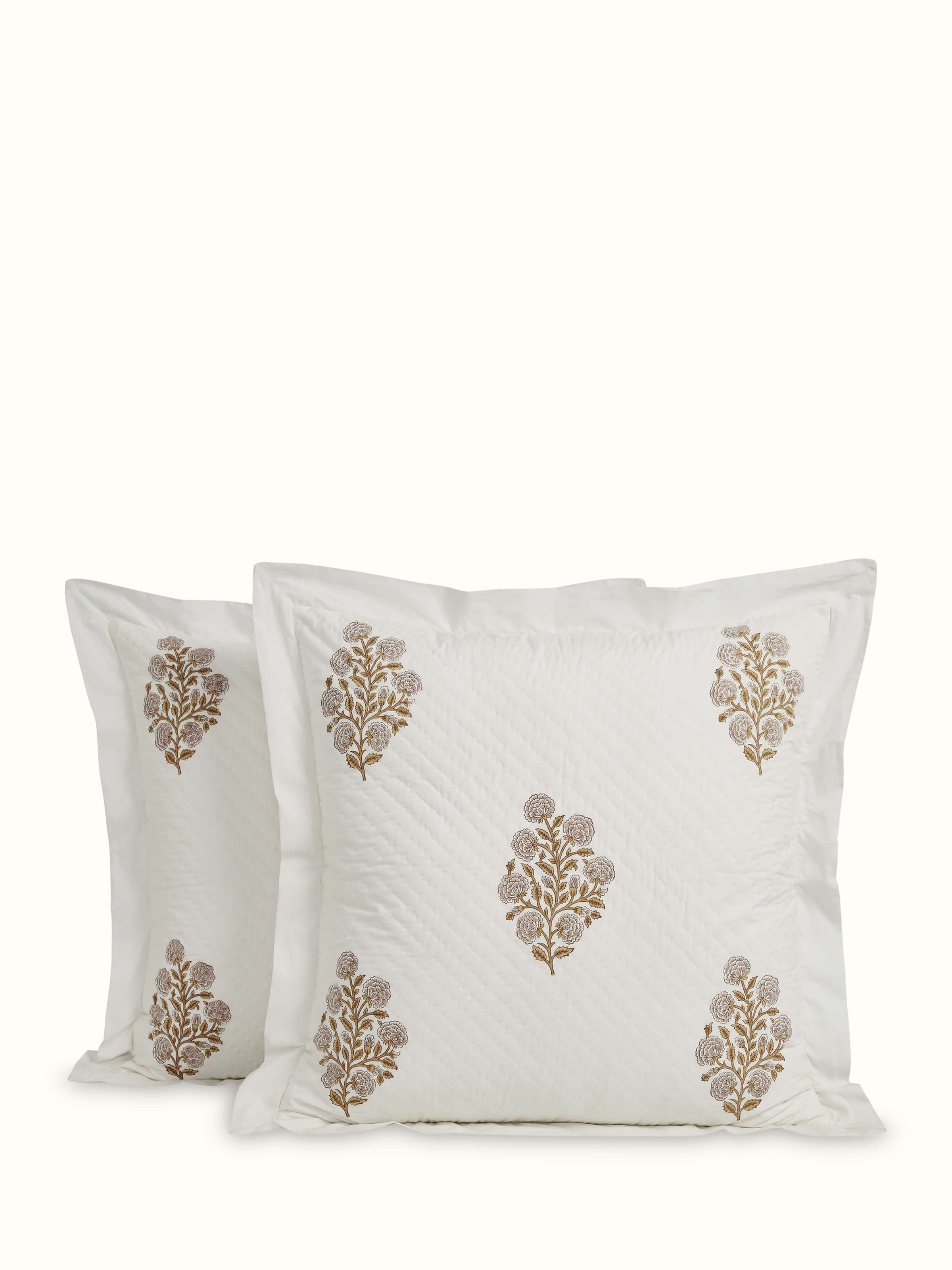 Front view of Saha Brown Buta Stripe Cotton Sanganeri Block Printed Cushion Covers (2 pcs) showing stripe pattern.
