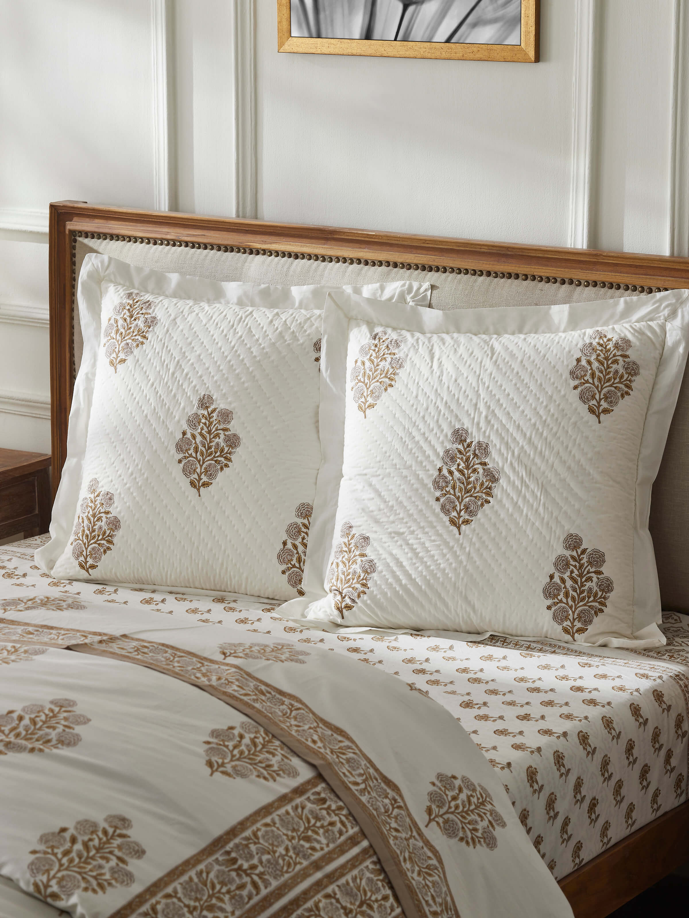 Side view of Saha Brown Buta Stripe Cotton Sanganeri Block Printed Cushion Covers (2 pcs) displaying the block print.