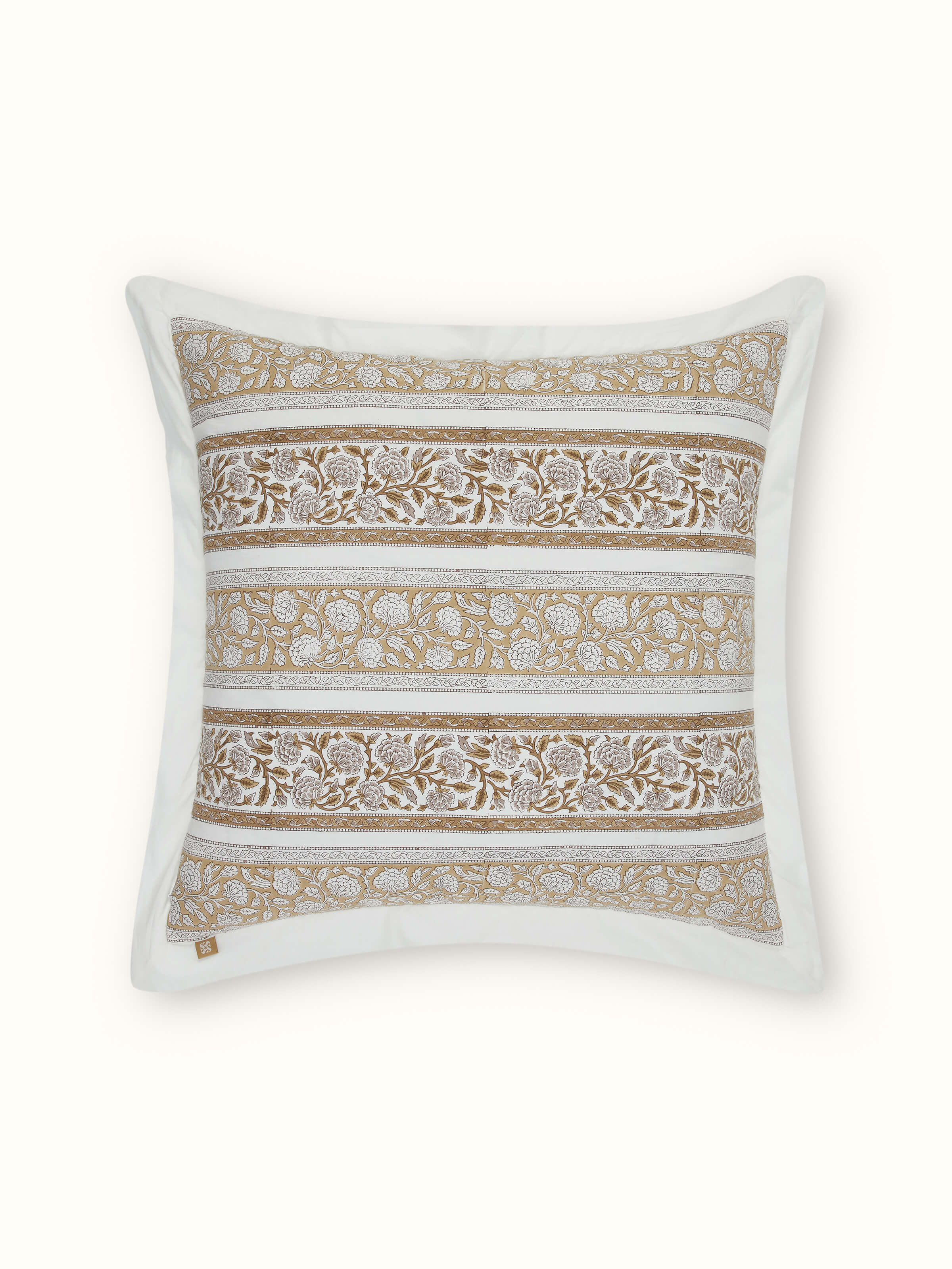 Bird’s-eye view of Saha Brown Buta Stripe Cotton Sanganeri Block Printed Cushion Covers (2 pcs) showing pattern and color.