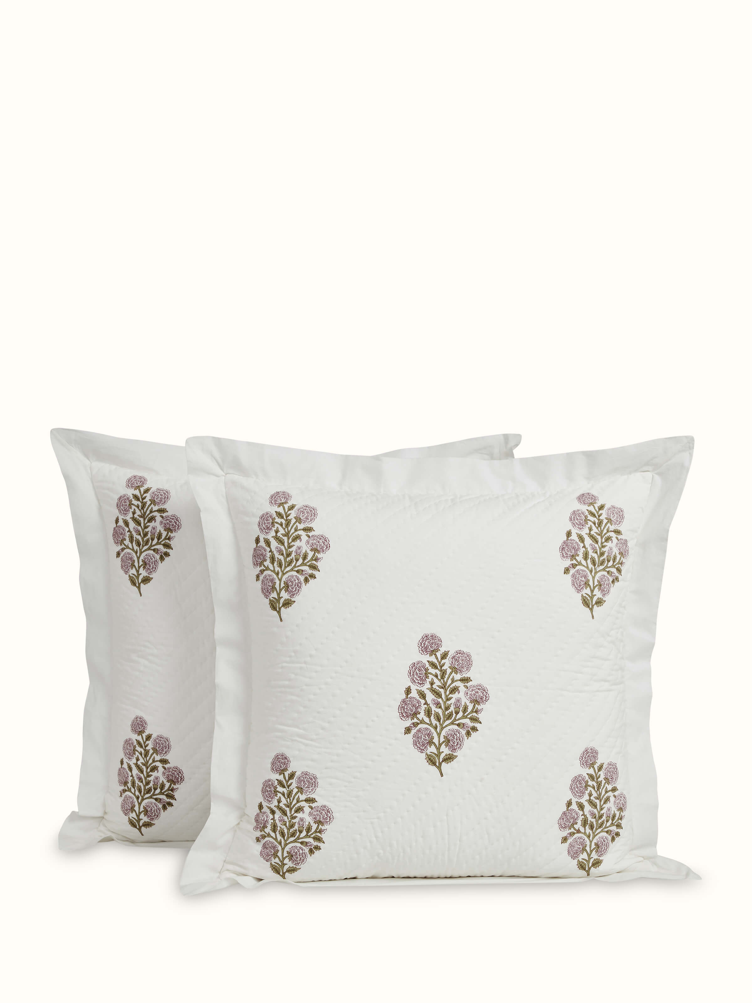 Full view of Saha Lavender Buta Stripe Cotton Sanganeri Block Printed Cushion Covers (2 pcs), displaying the lavender stripe pattern and design.