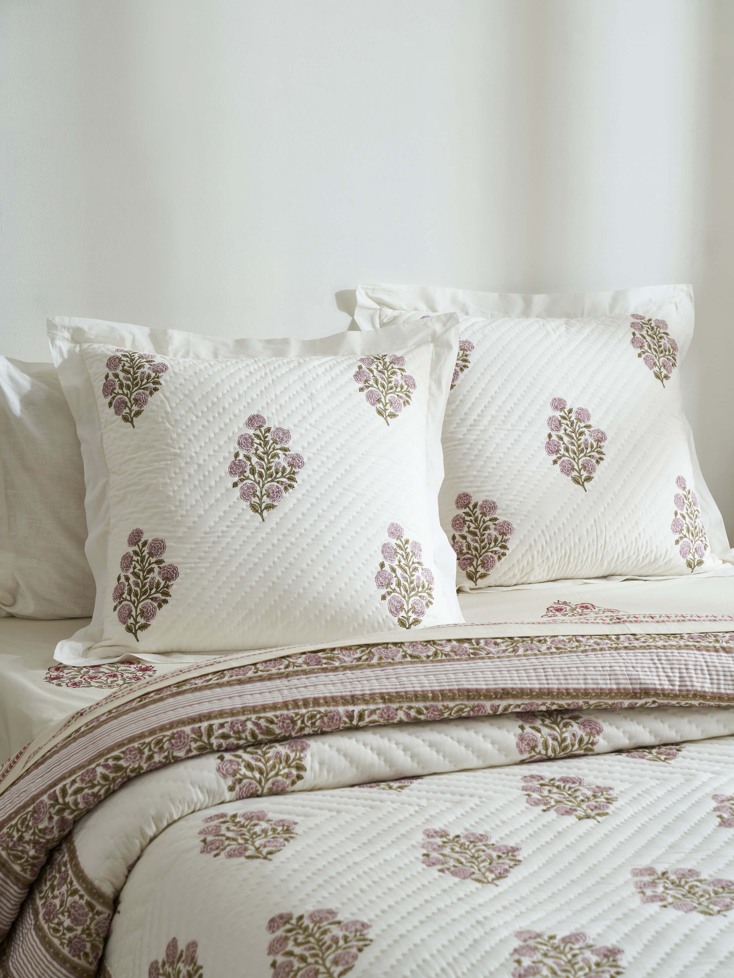 Close-up of Saha Lavender Buta Stripe Cotton Sanganeri Block Printed Cushion Covers (2 pcs), focusing on the intricate block print design.