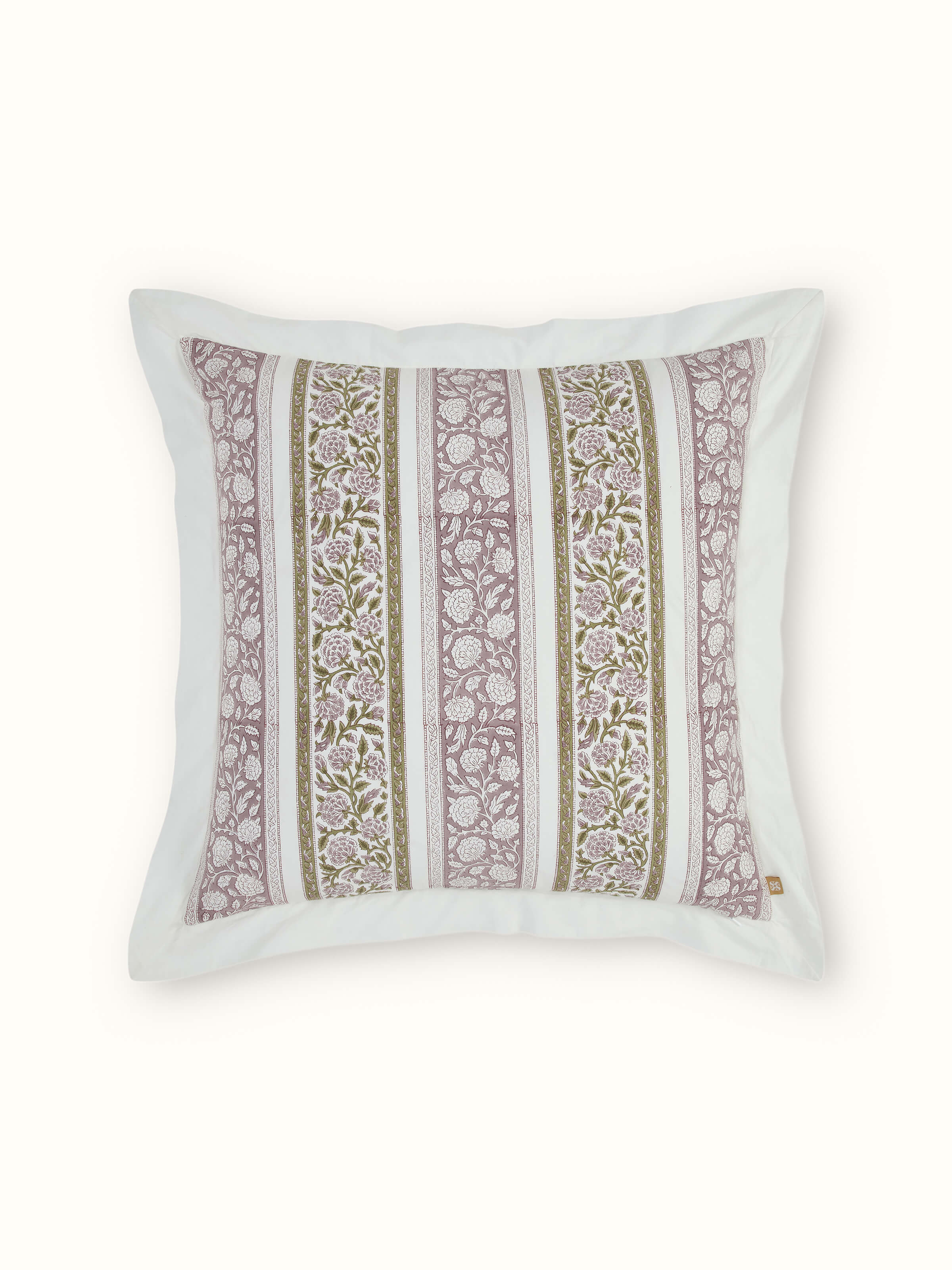 Angled view of Saha Lavender Buta Stripe Cotton Sanganeri Block Printed Cushion Covers (2 pcs), showcasing the cushion covers in a styled setting.