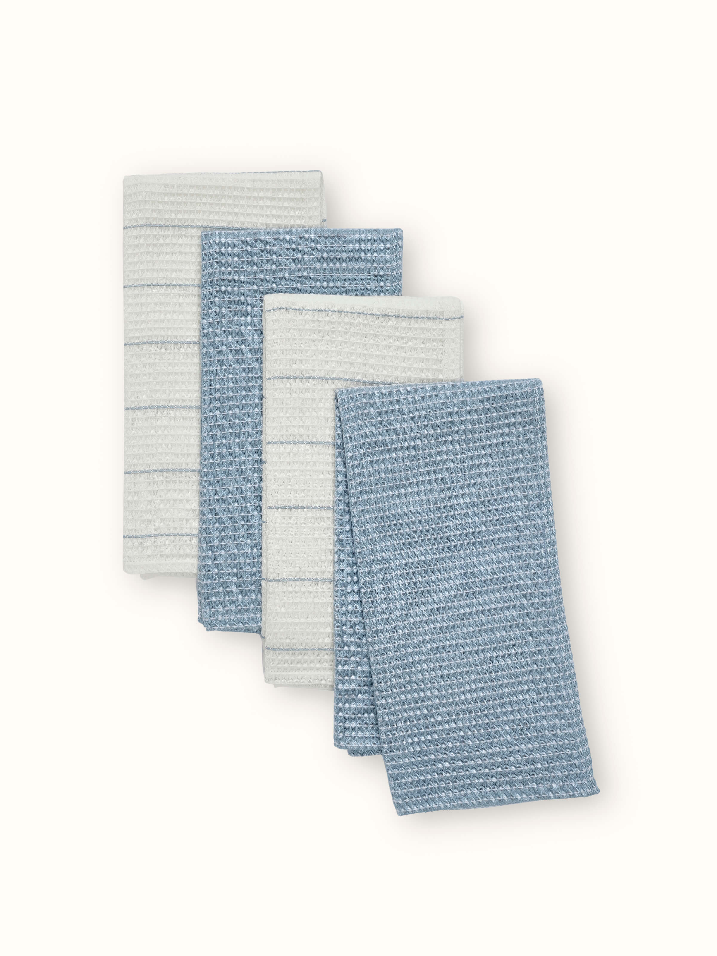 Arth light blue handwoven cotton dish towels folded to show the texture and color of the fabric.