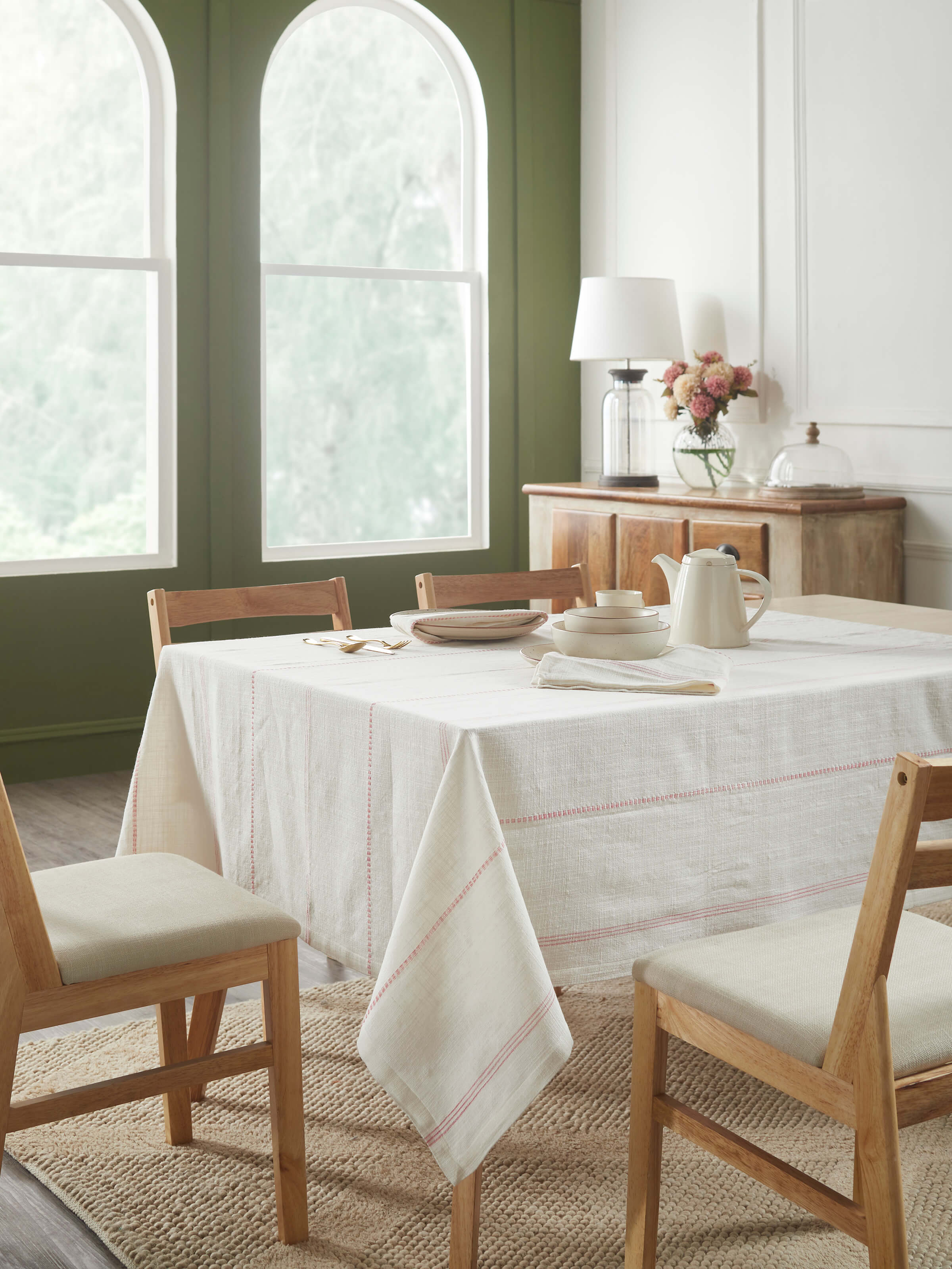 Close-up of Arth pink stripe cotton table cover (4 seater) showing the texture and stripe detail