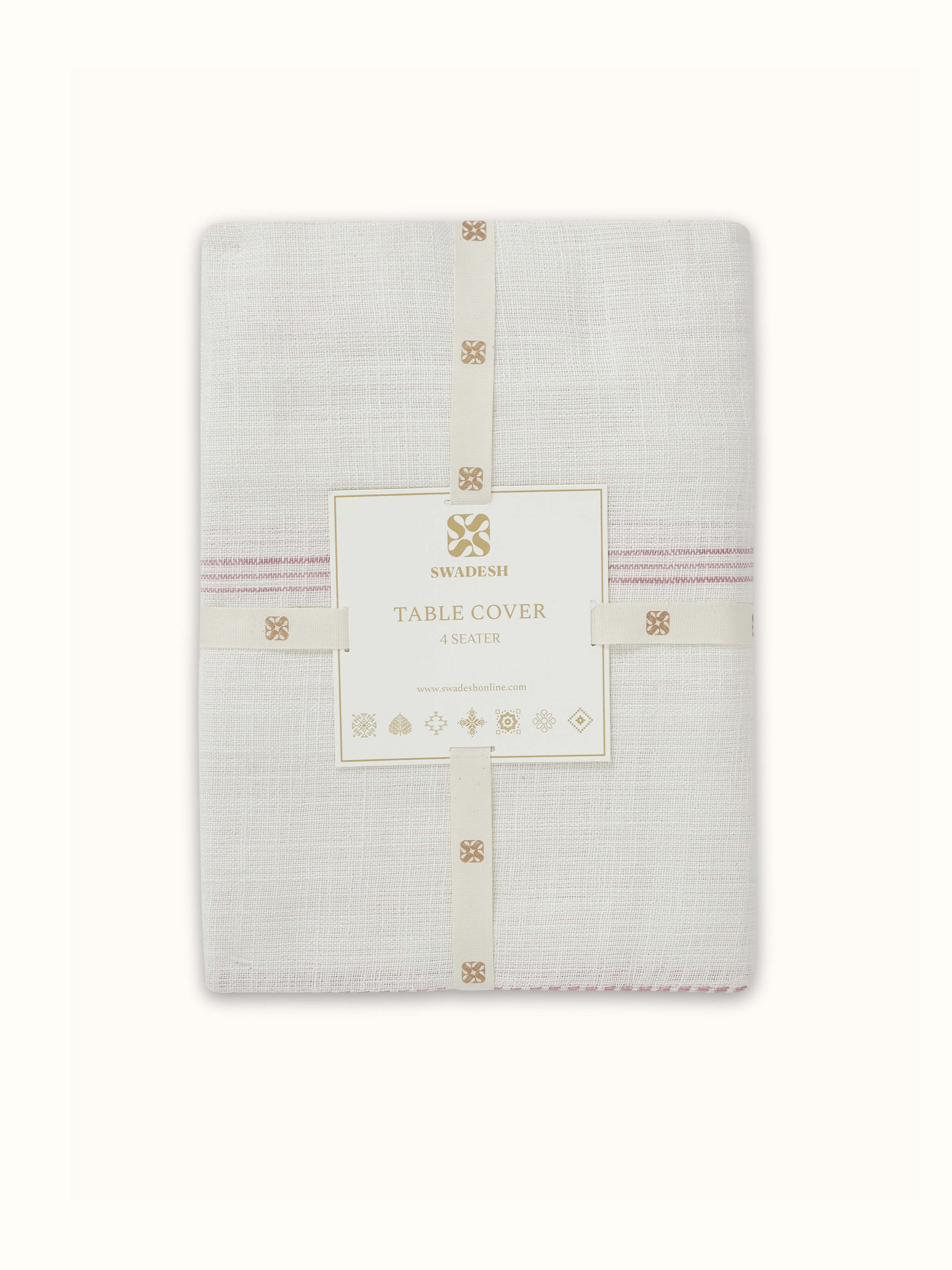 Detailed view of the Arth pink stripe cotton table cover (4 seater) highlighting the fabric texture and stripe design