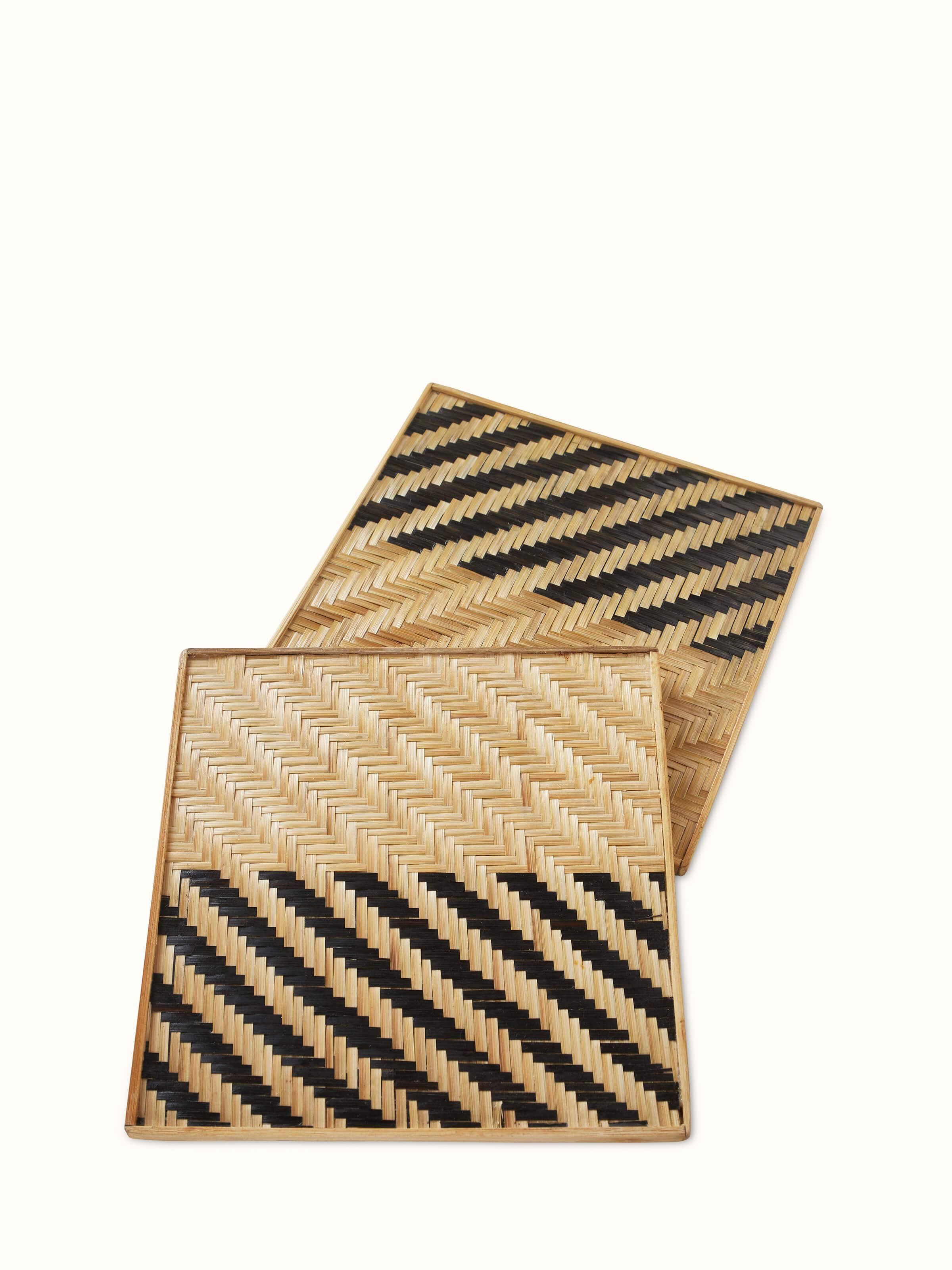 Full view of Naveena grey geometric square natural fibre trivets (2 pcs) showing their geometric design and natural fiber texture