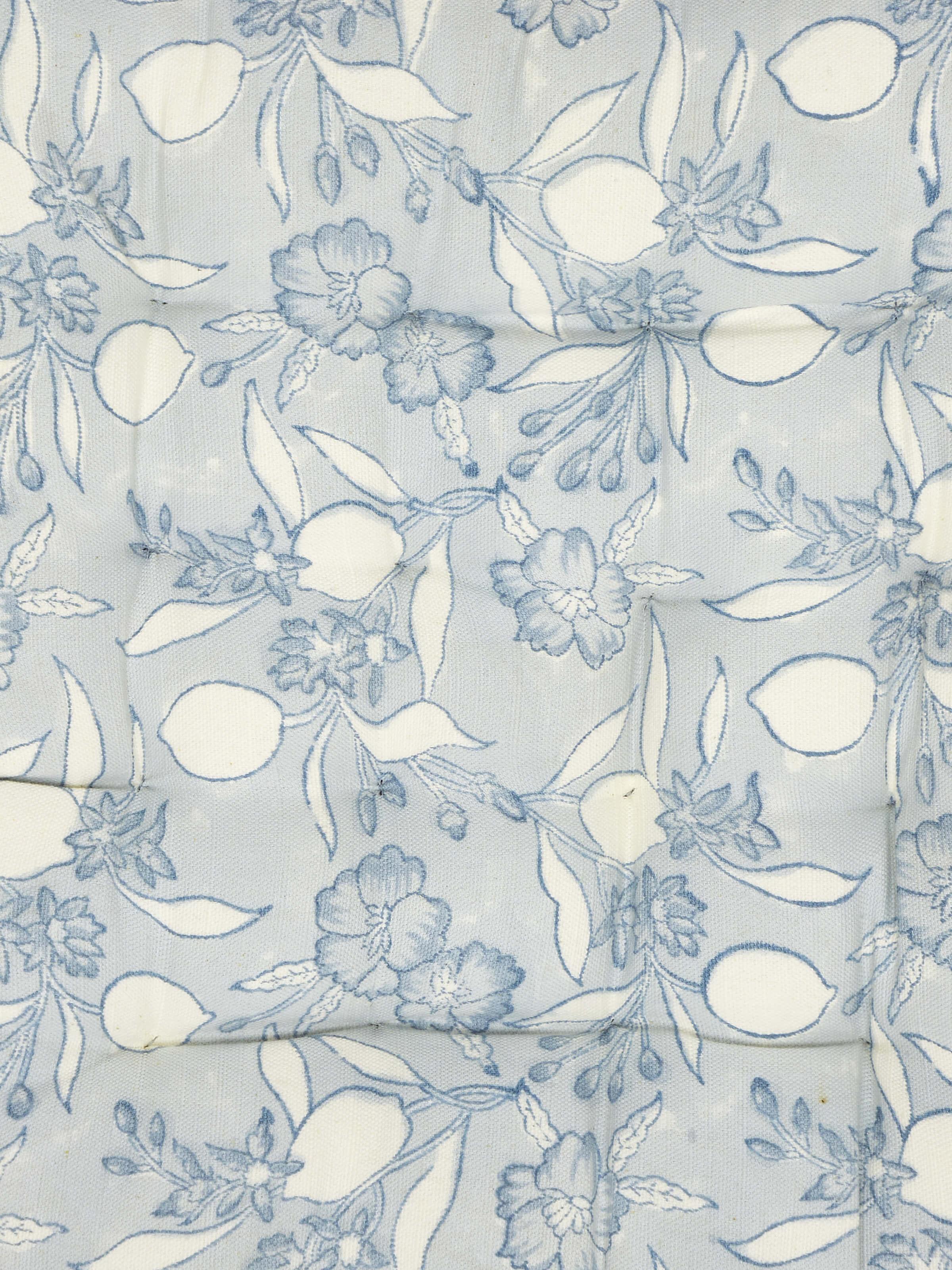 Detailed view of Anika light blue floral cotton Sanganeri block printed chair sitting cushion highlighting the fabric texture and print