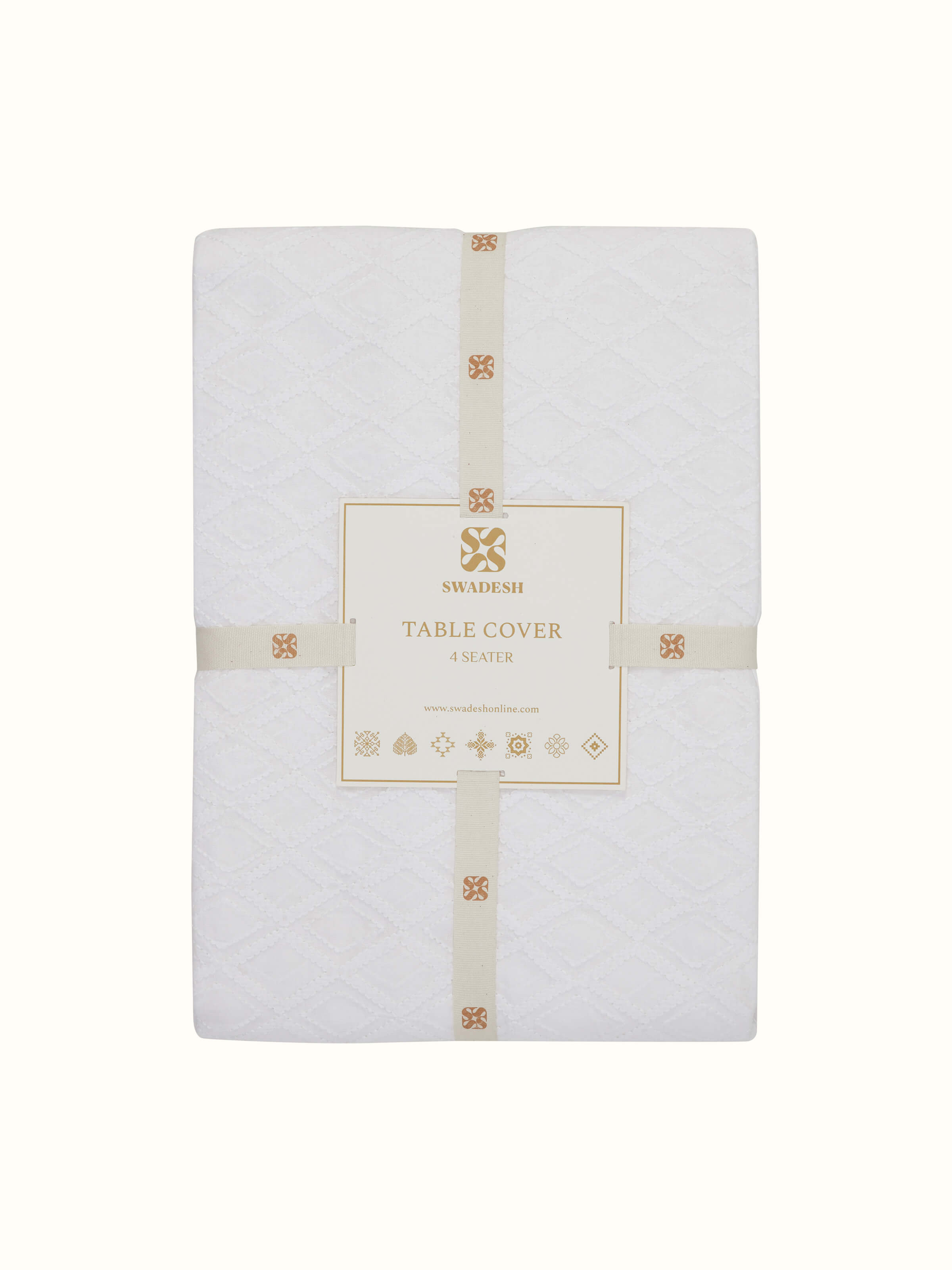 Ananda white geometric cotton Chikankari table cover (4 seater) in a setting that emphasizes its use and design.