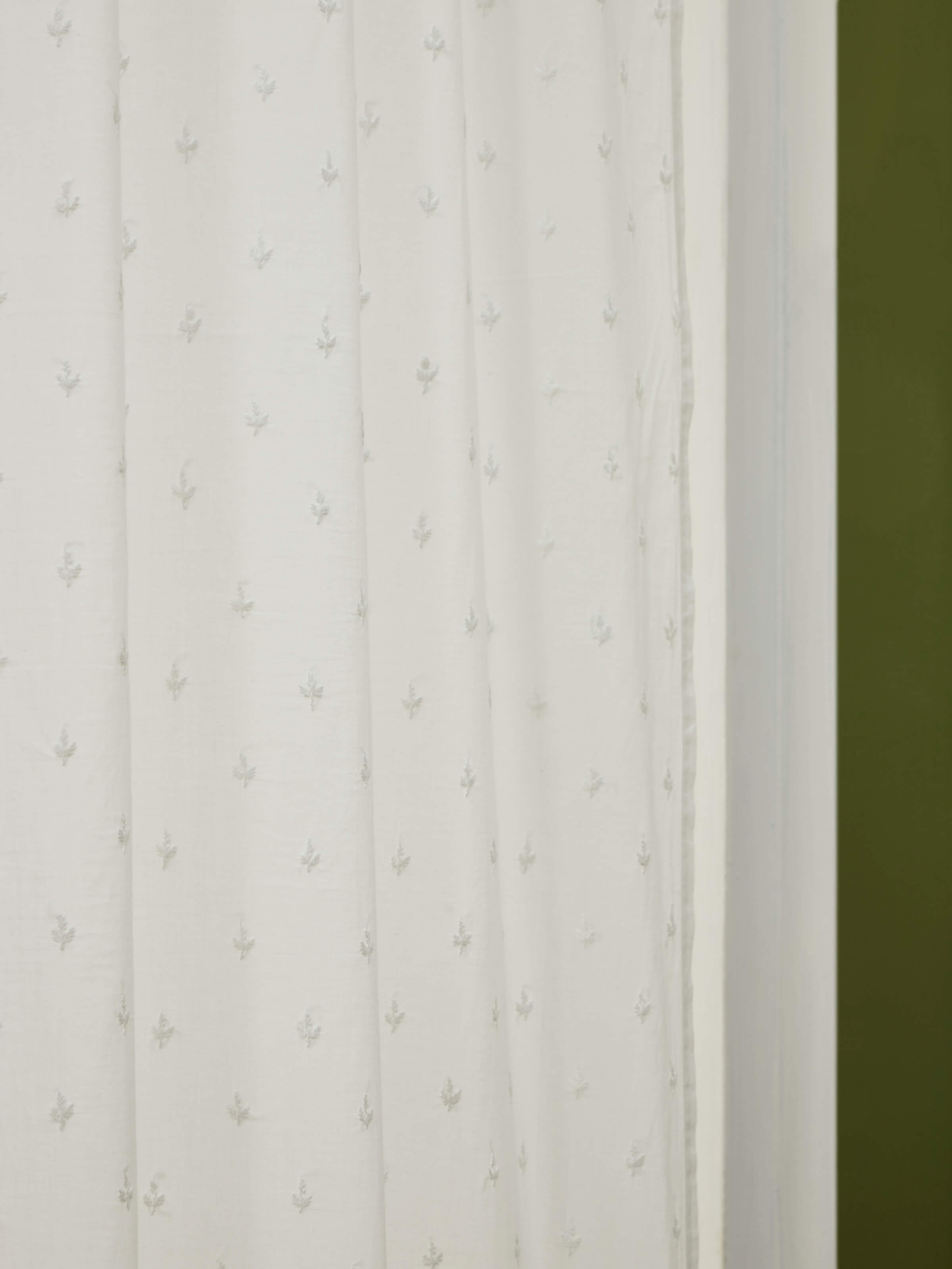 Close-up of Svetah White Trellis Silk Cotton Chikankari Sheer Curtain focusing on the texture and fabric quality.