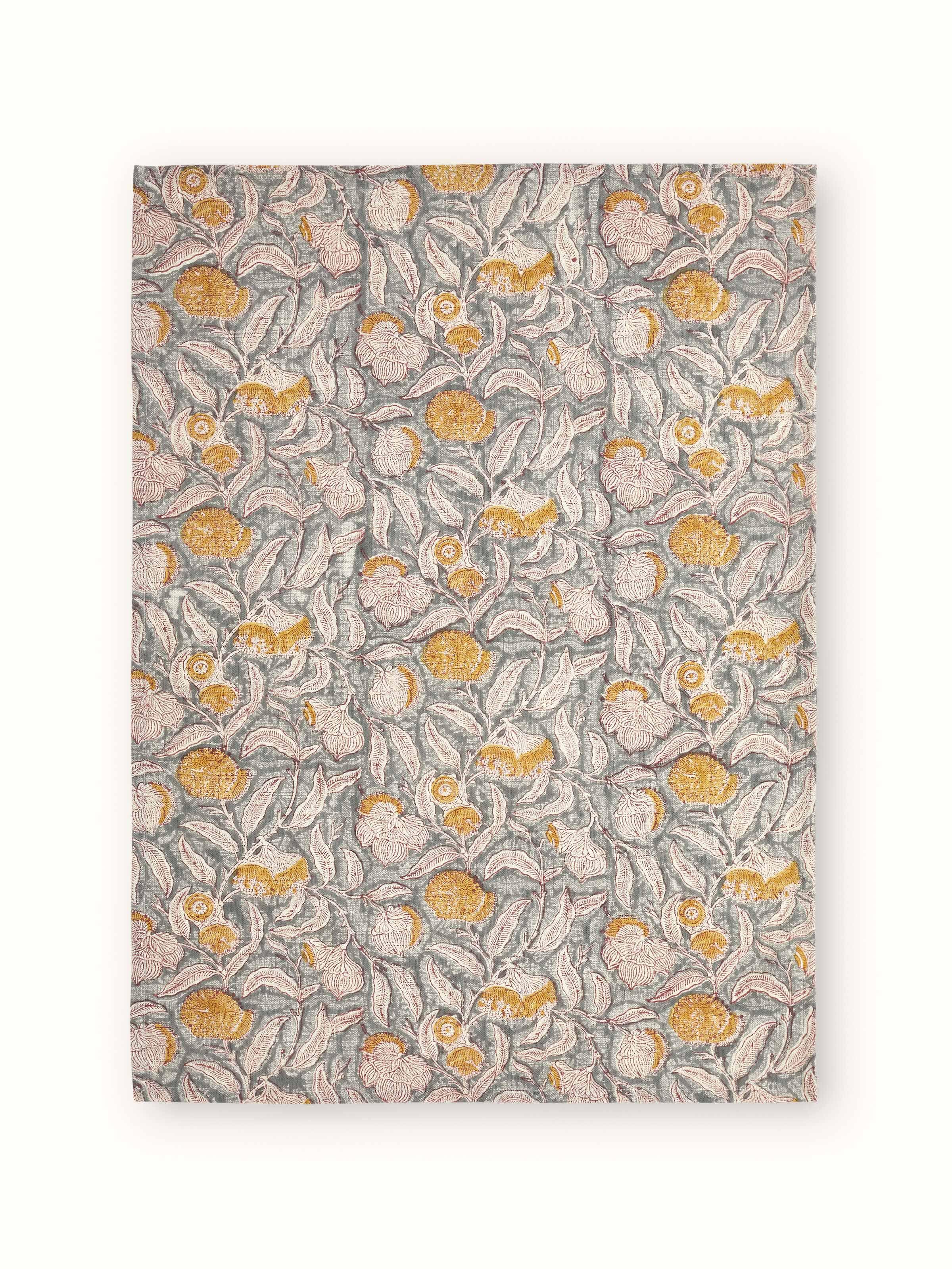 Full view of Samaha grey floral cotton dish towels displayed neatly to highlight the block print and fabric quality.