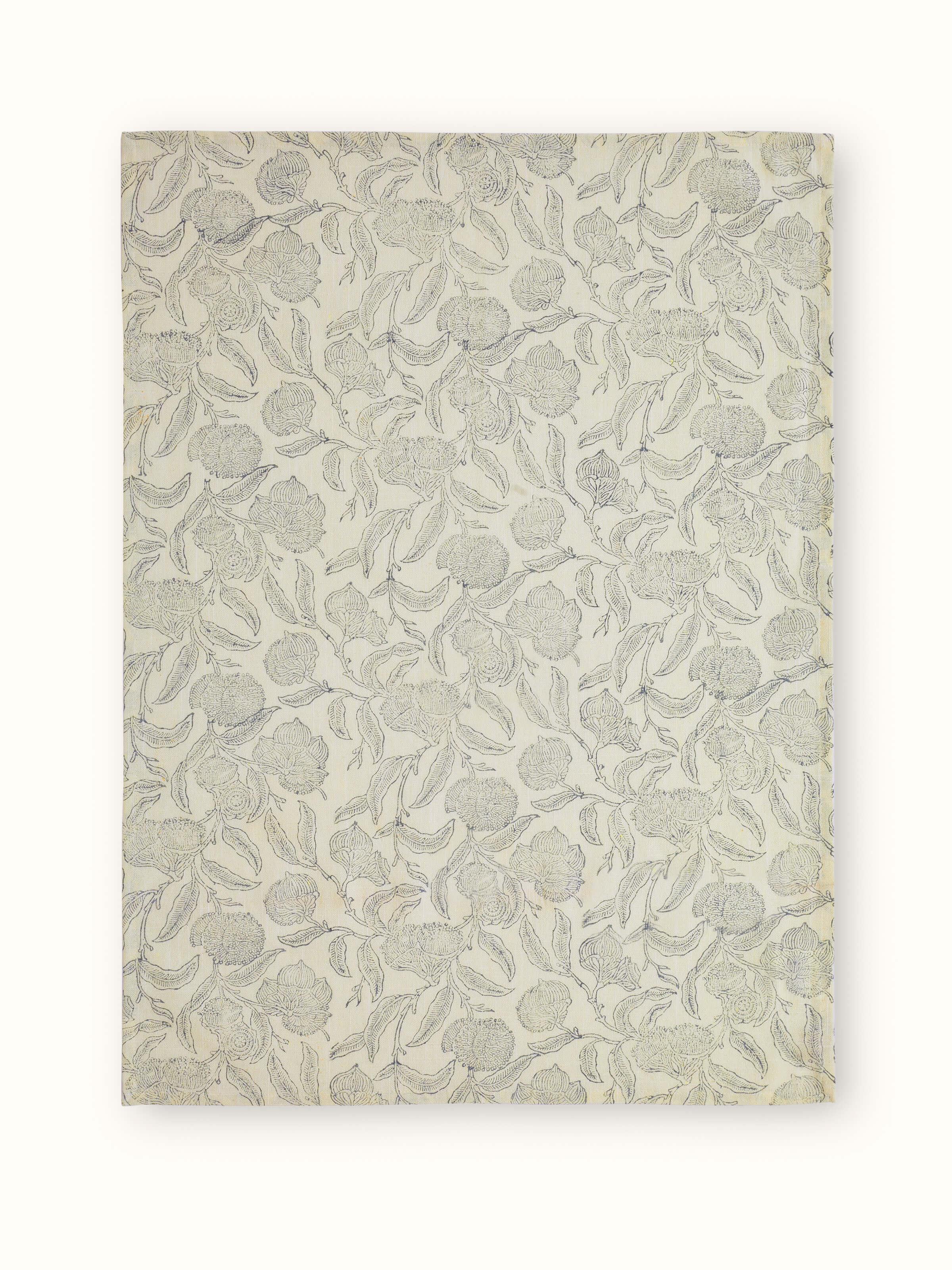 Samaha grey floral dish towels folded and stacked, emphasizing the block print pattern and the set of four.