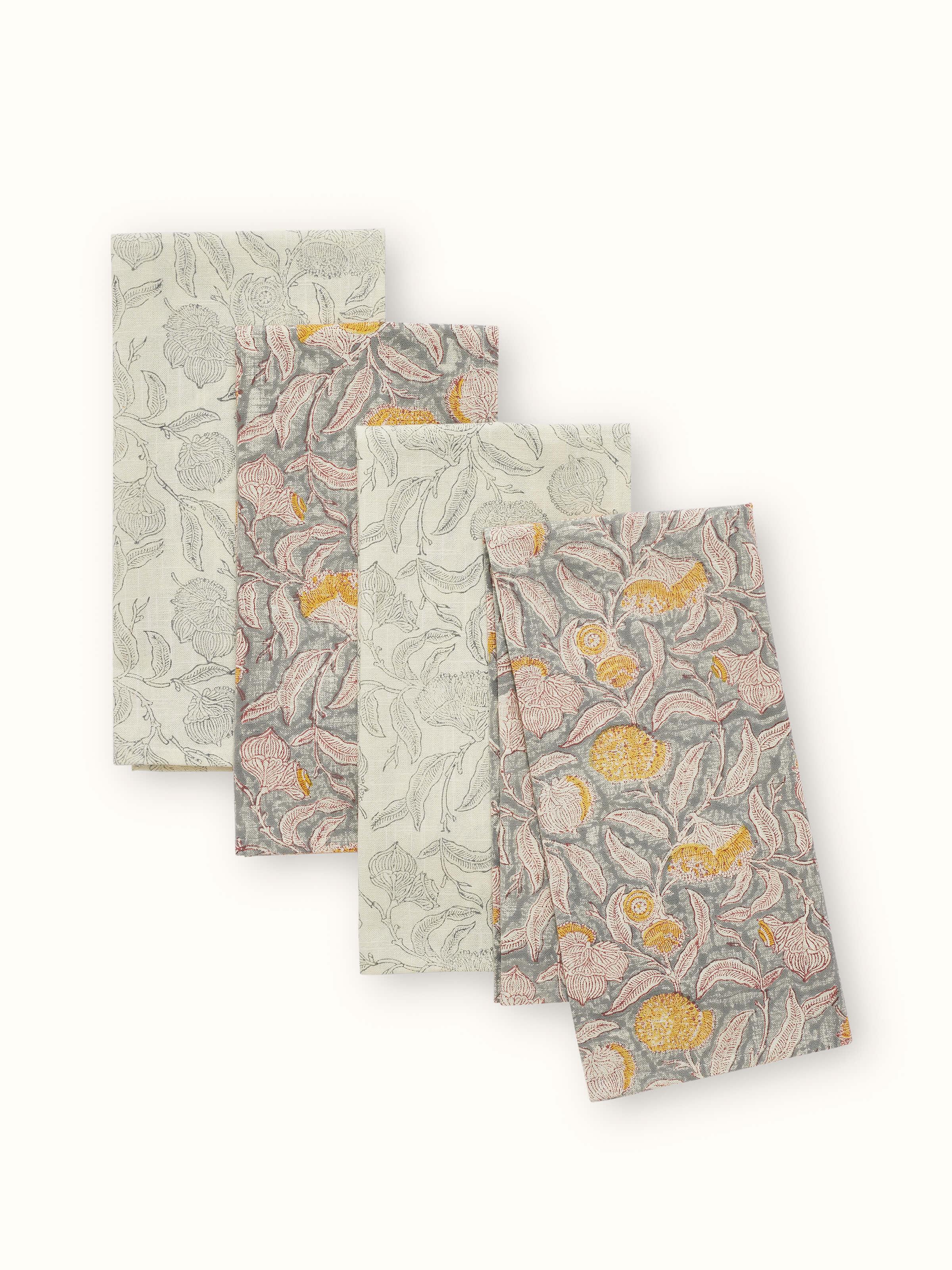 Samaha grey floral cotton dish towels (4 pcs) with intricate Sanganeri block prints and a soft, textured fabric.