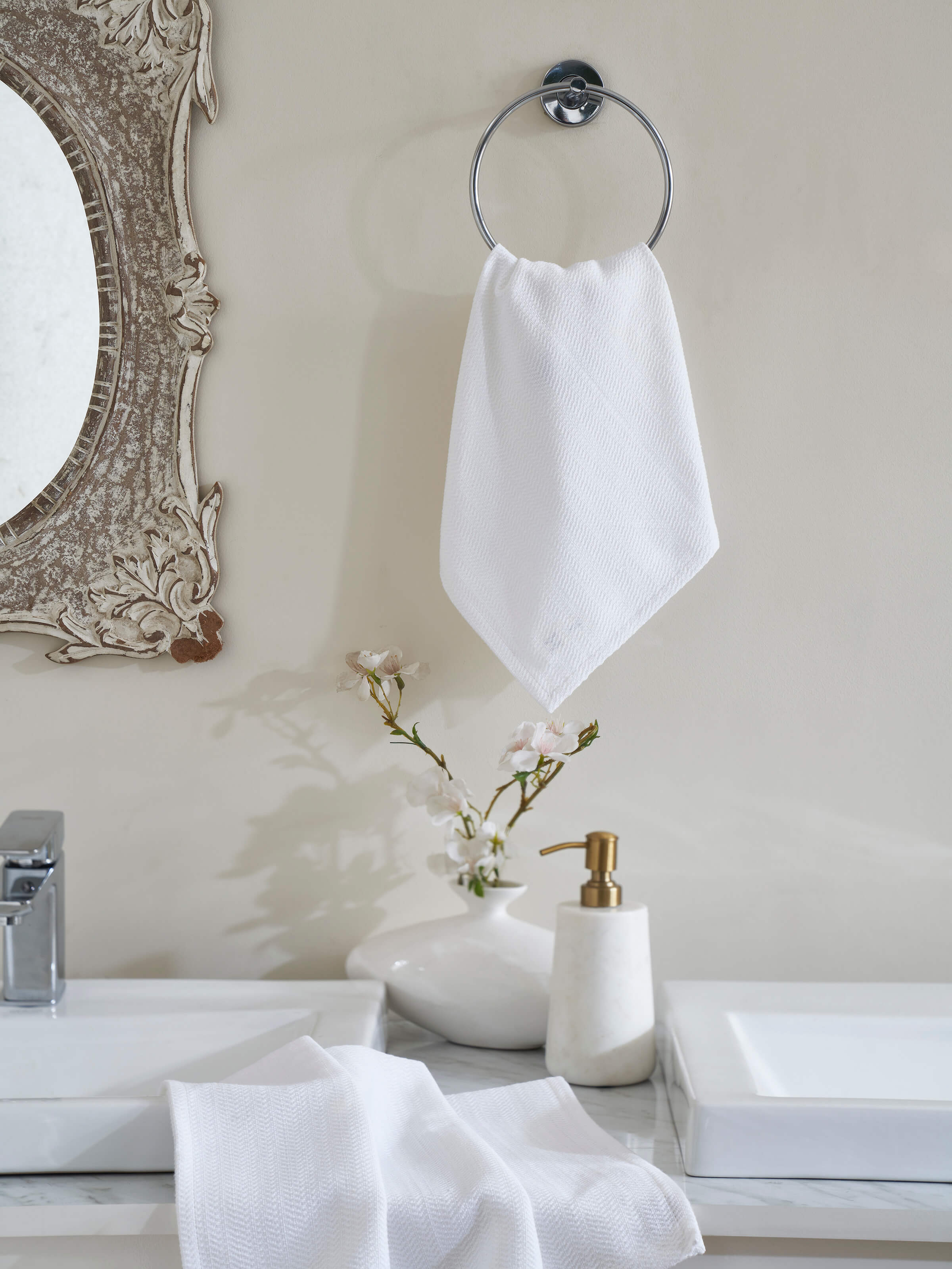 Side view of Vayana stripe white cotton hand towels (2 pcs) showing the towel's design and edges