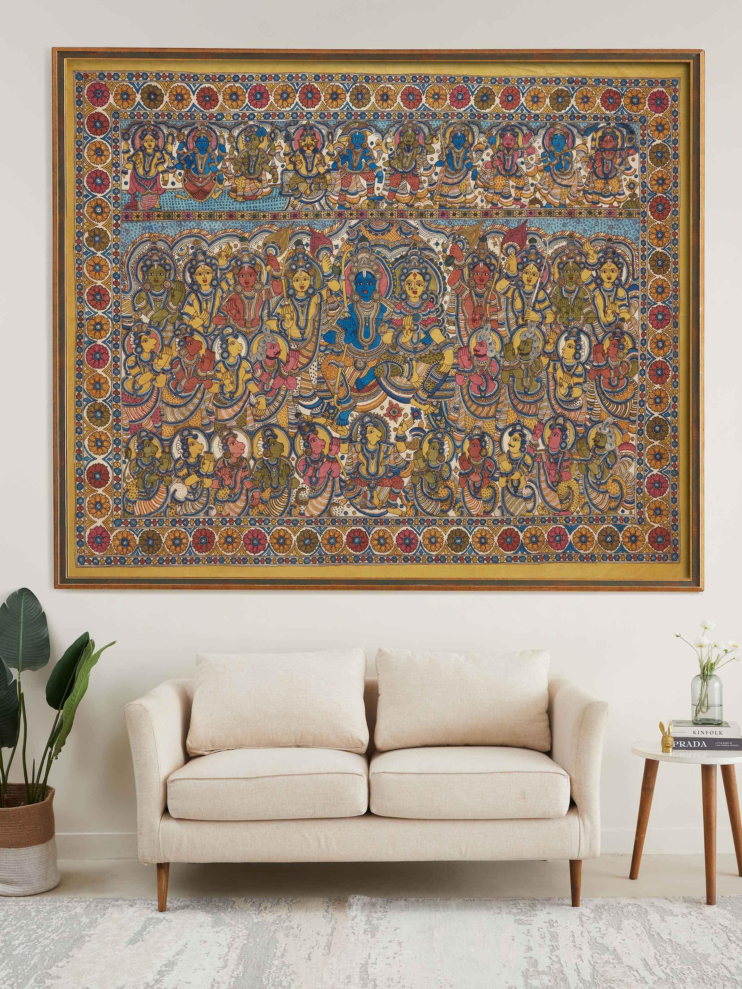 Side view of Dashavtar Kalamkari Painted Wall Art capturing the traditional Kalamkari artwork and rich colors