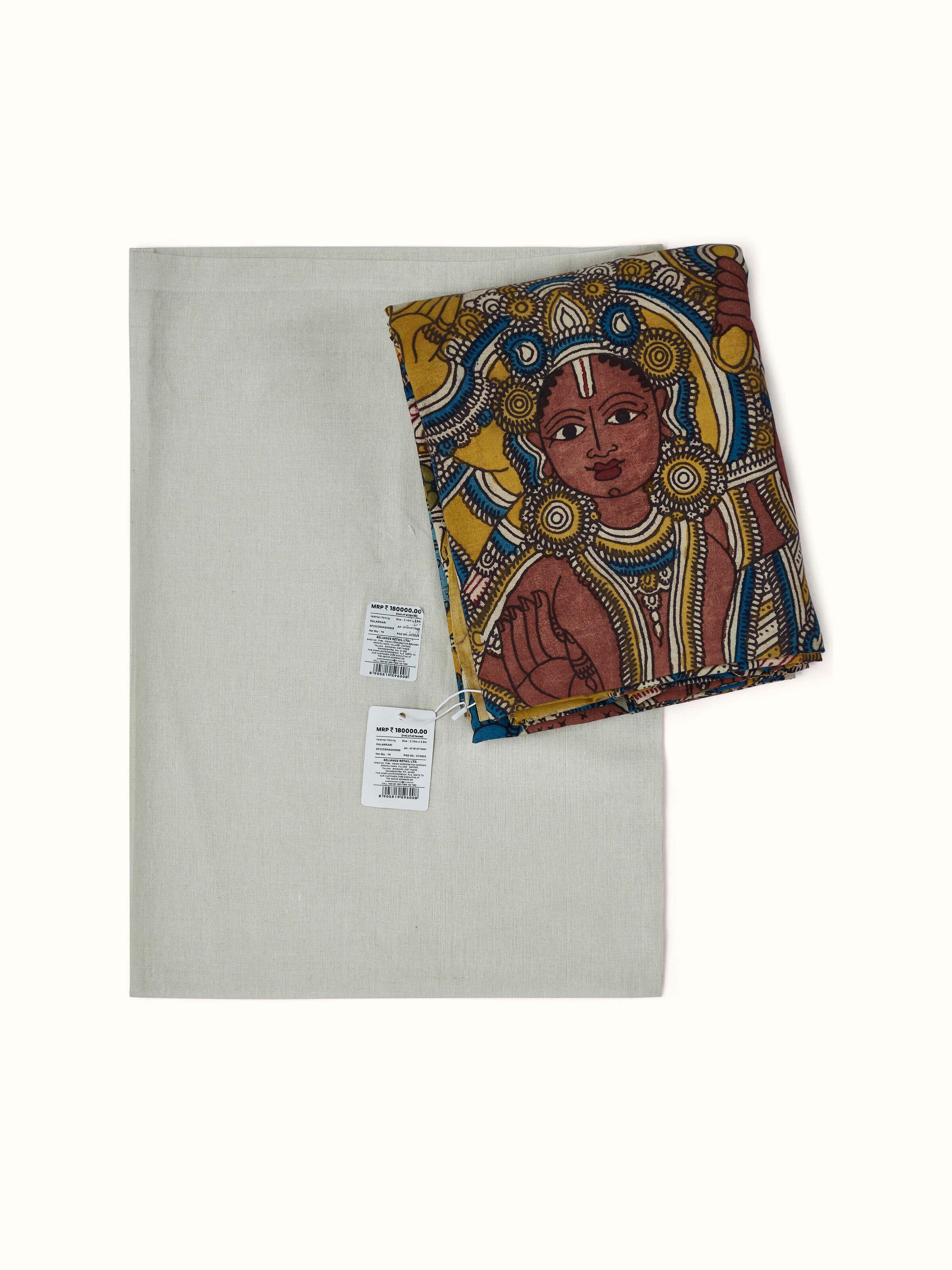 Angled view of Dashavtar Kalamkari Painted Wall Art focusing on the fine brushwork and vibrant colors of the artwork
