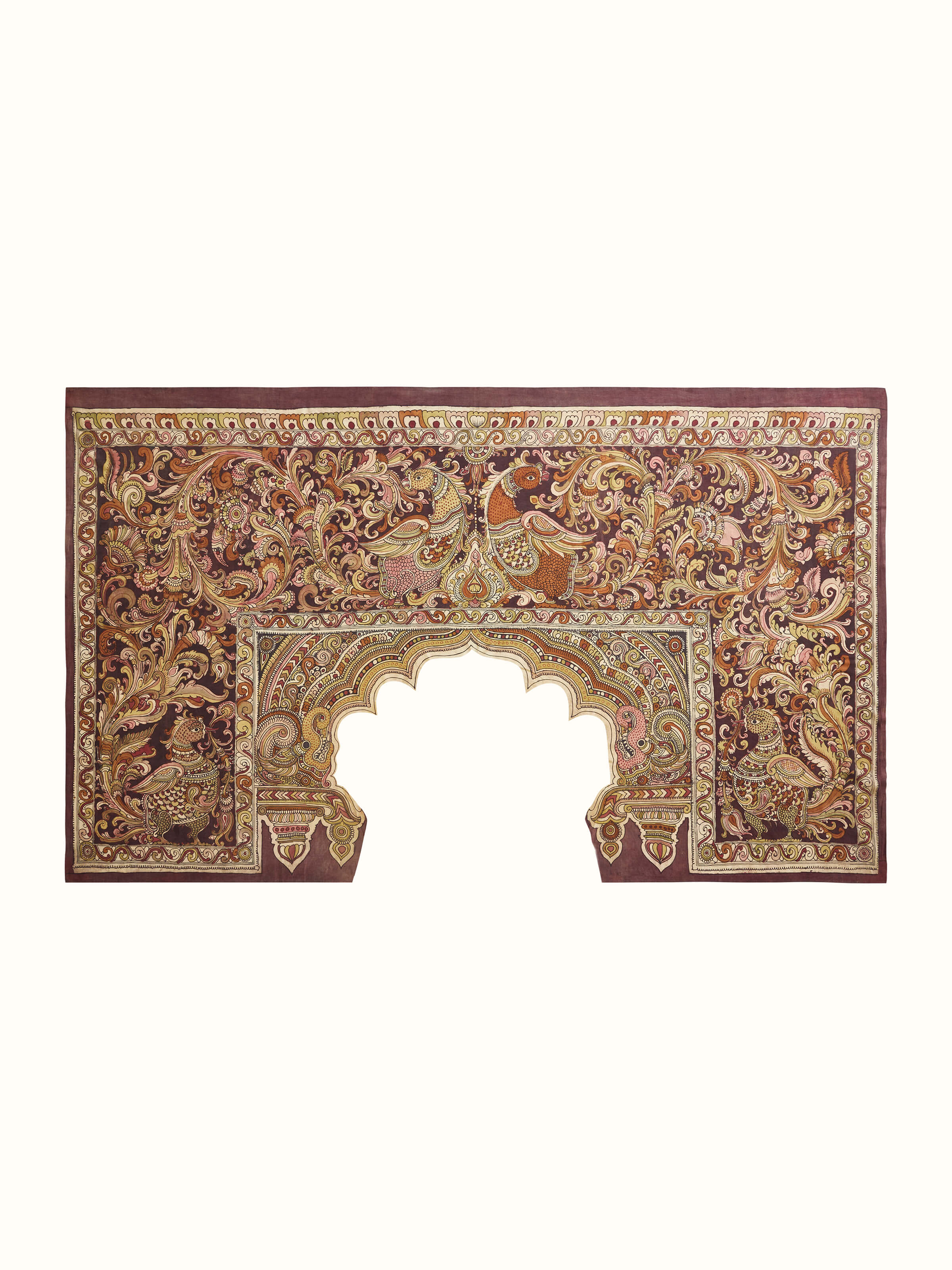 Front view of Kalamkari peacock wall art, highlighting the vibrant colors and intricate design.