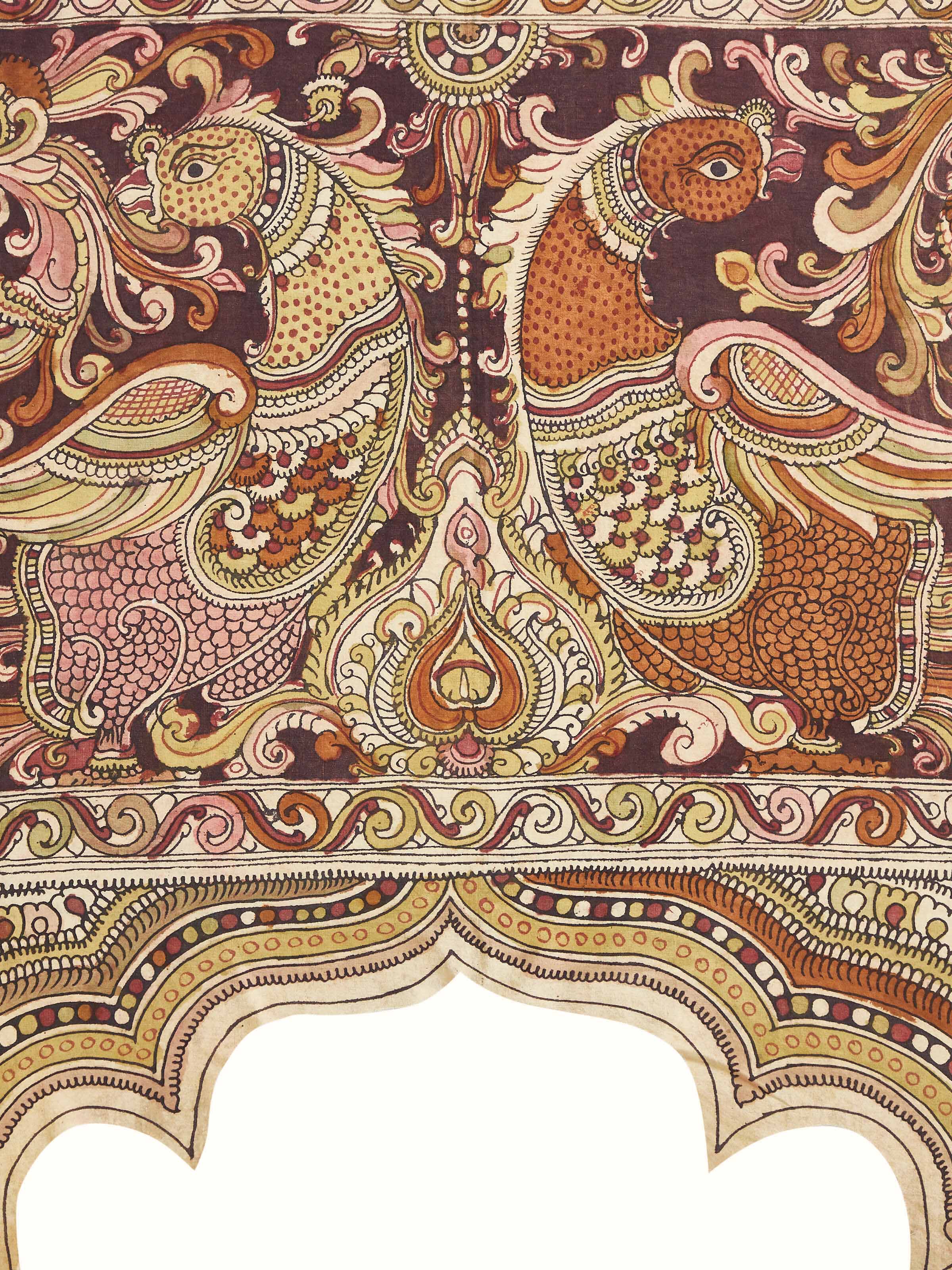 Close-up view of Kalamkari peacock wall art, showcasing the fine details and embroidery.