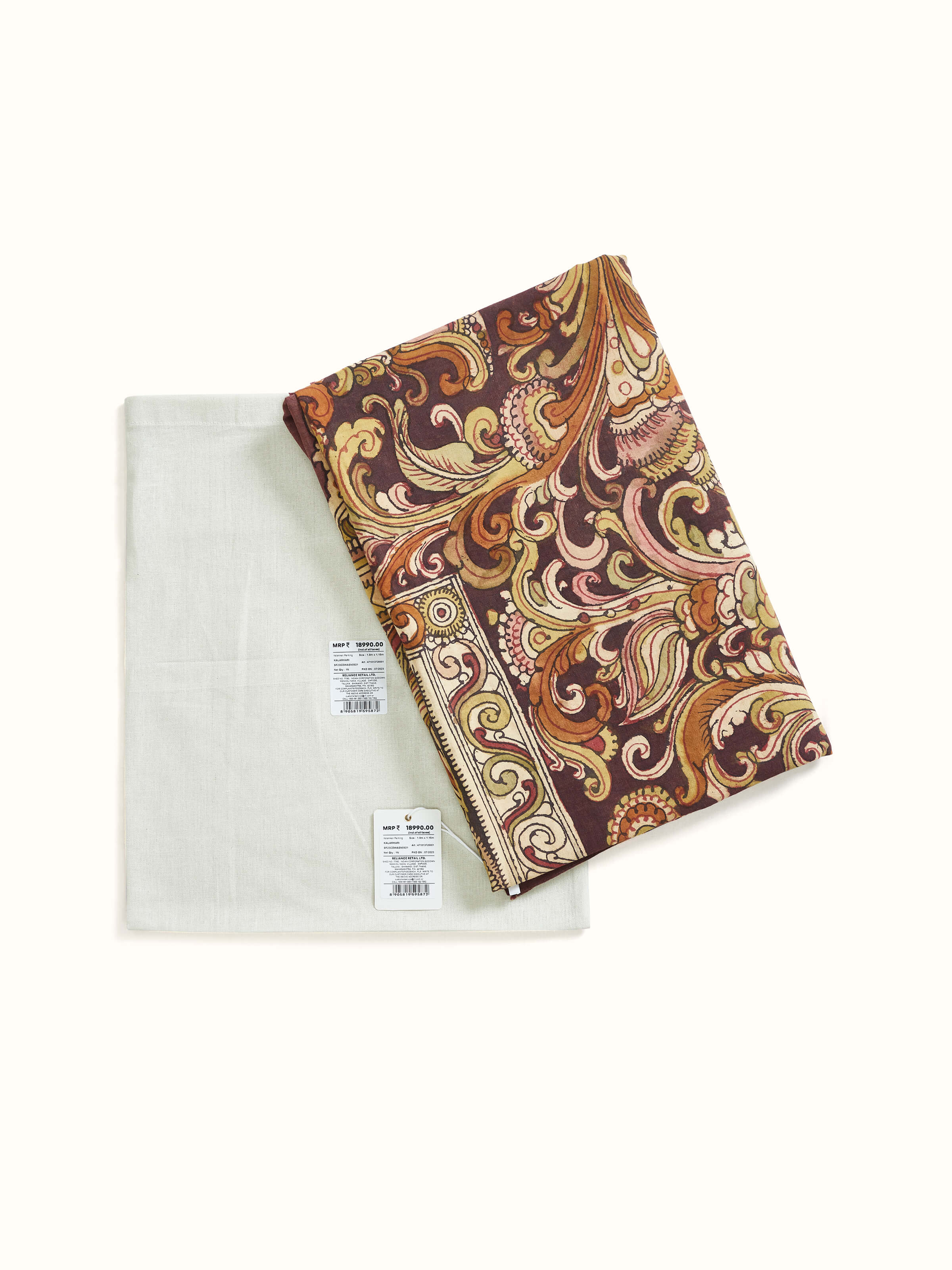 Artistic view of Kalamkari peacock wall art, emphasizing the overall design and color.