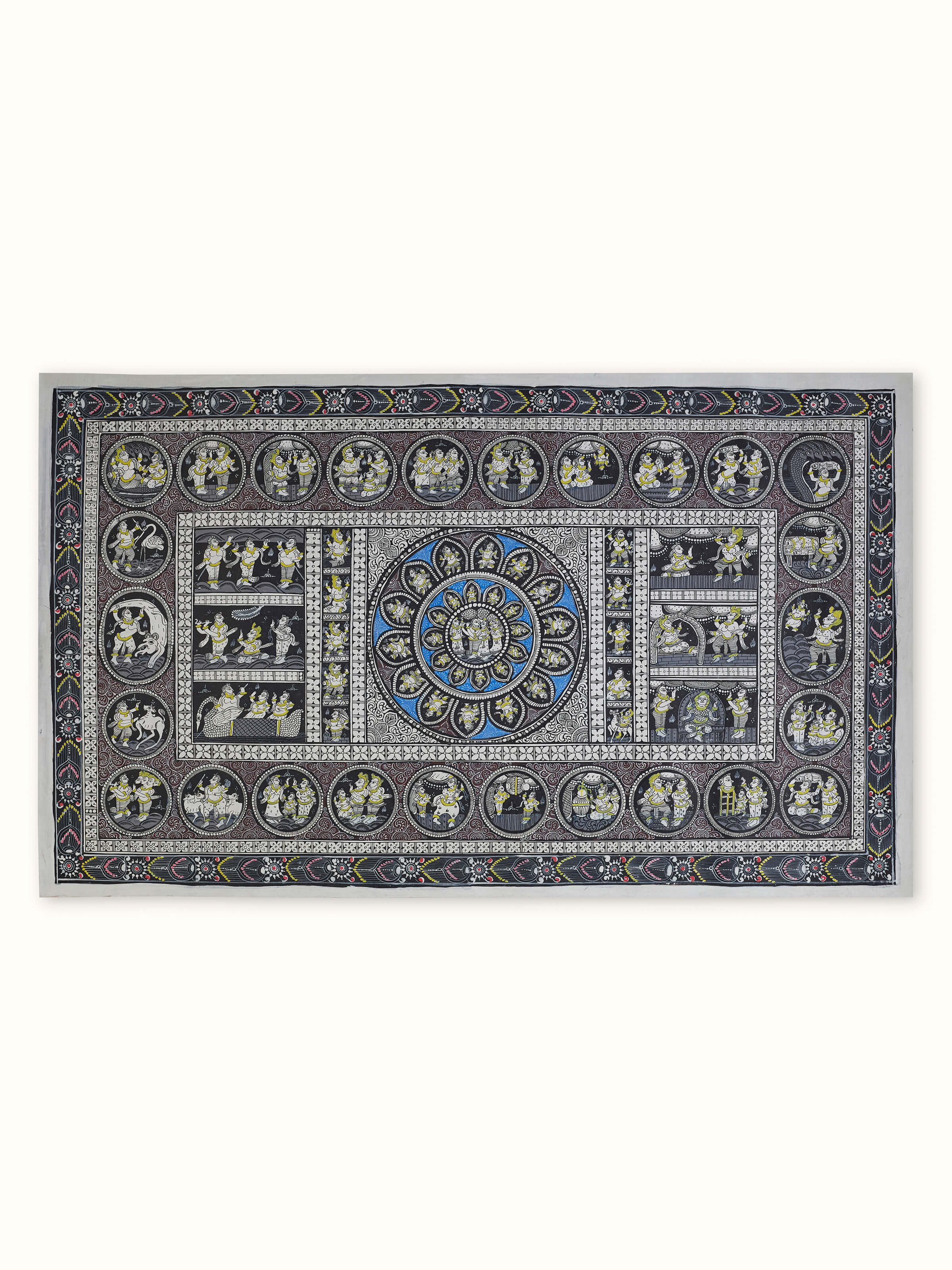 Front view of Pattachitra Krishna narrative painting featuring vibrant colors and intricate details.