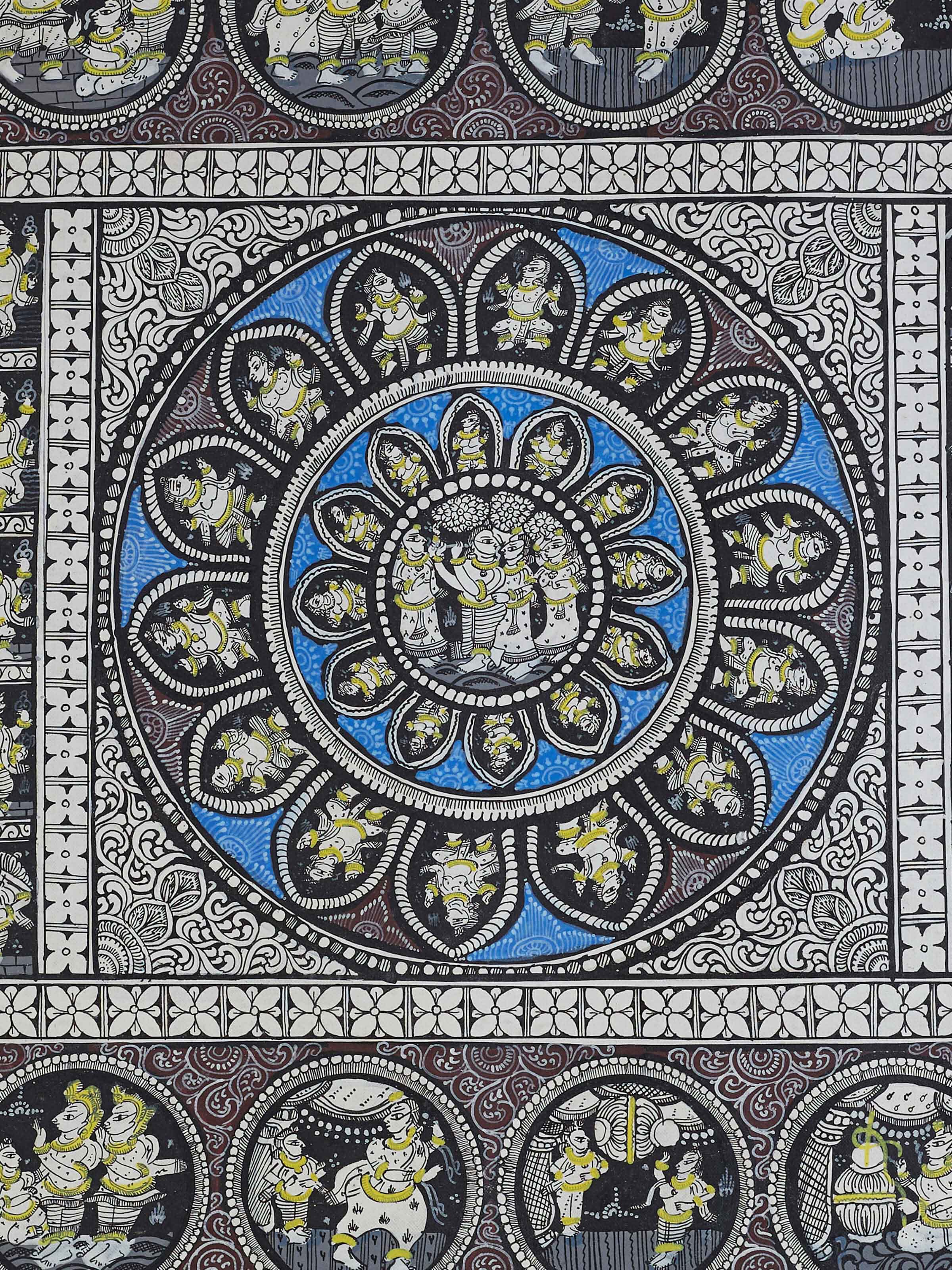 Close-up of Pattachitra Krishna narrative painting highlighting the detailed artwork and storytelling elements.