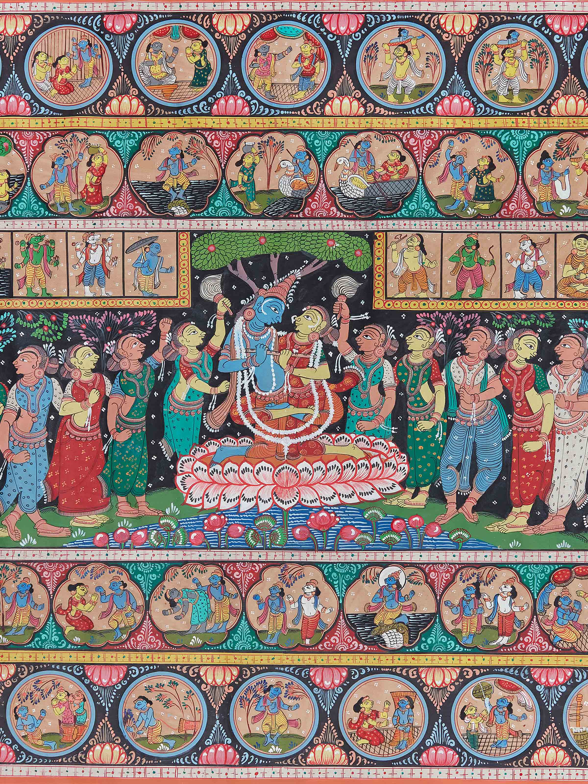 Detailed view of Pattachitra tales of lord Krishna painting