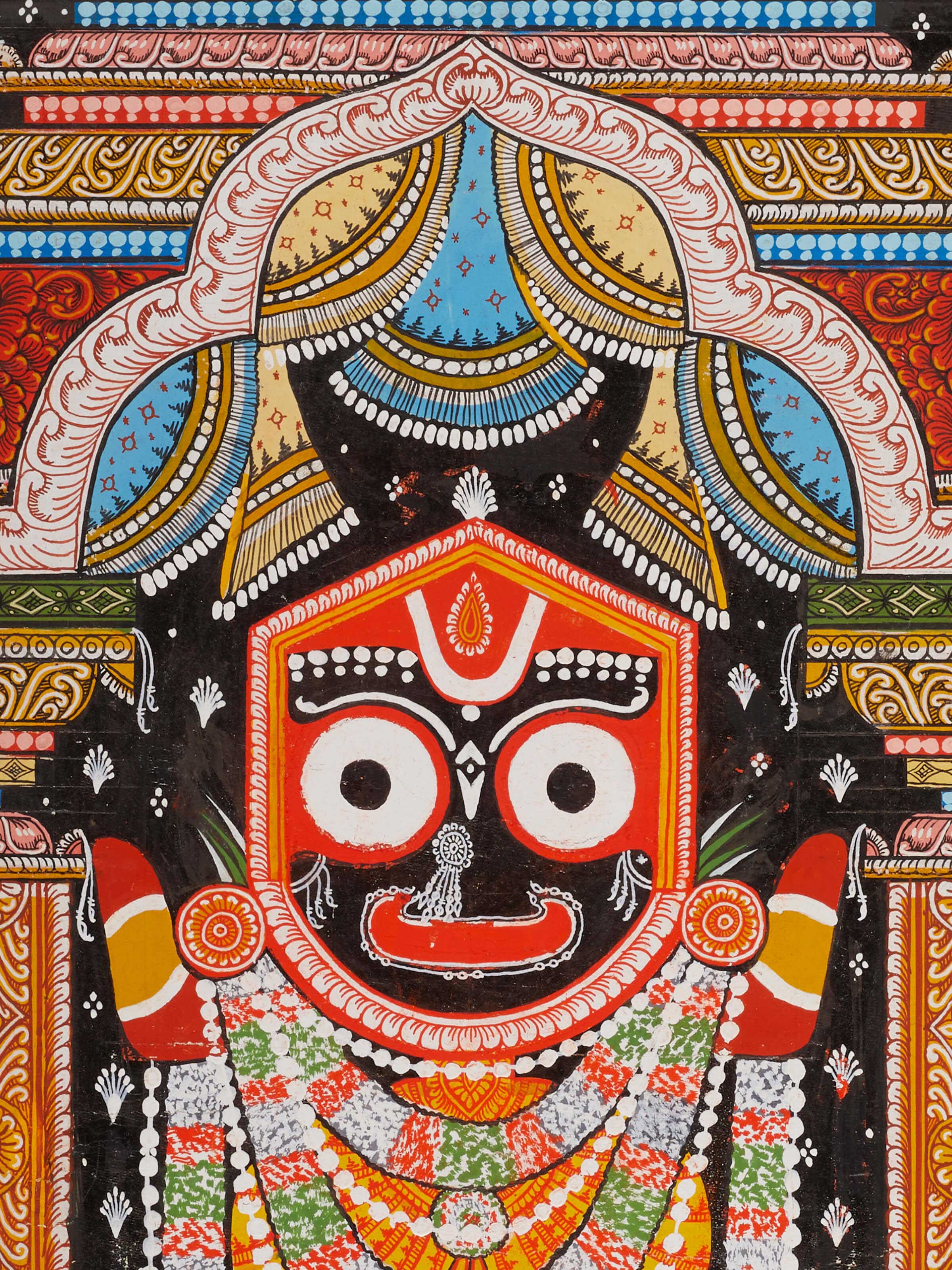 Close-up of Pattachitra Lord Jagannath painting highlighting intricate design work.