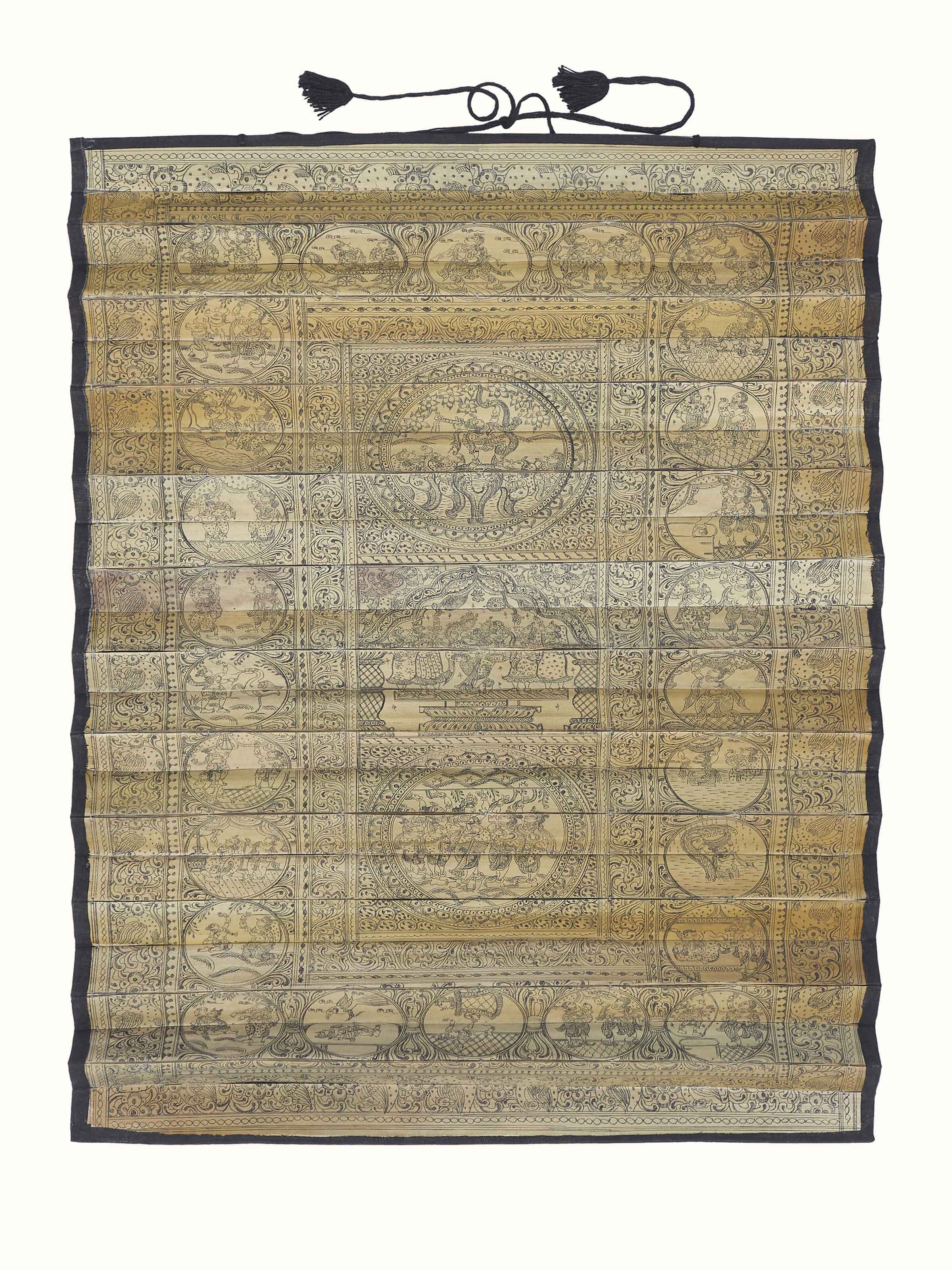 Front view of Palm leaf engraved lord Krishna narrative wall art with intricate details