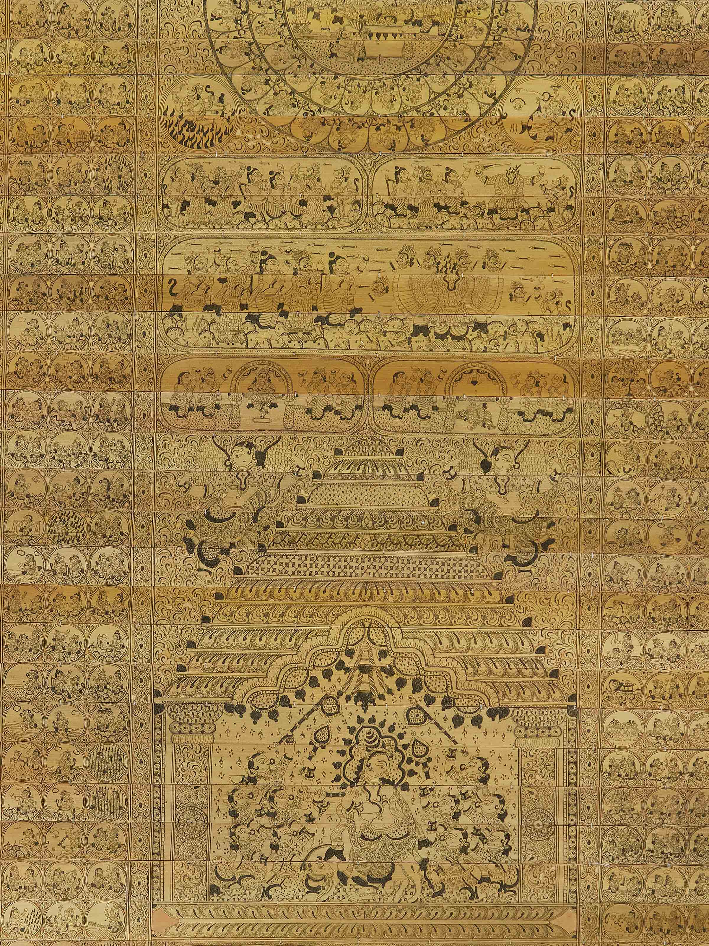 Close-up view of Palm Leaf Engraved Hindu Mythology Wall Art, focusing on the intricate details of the engraving
