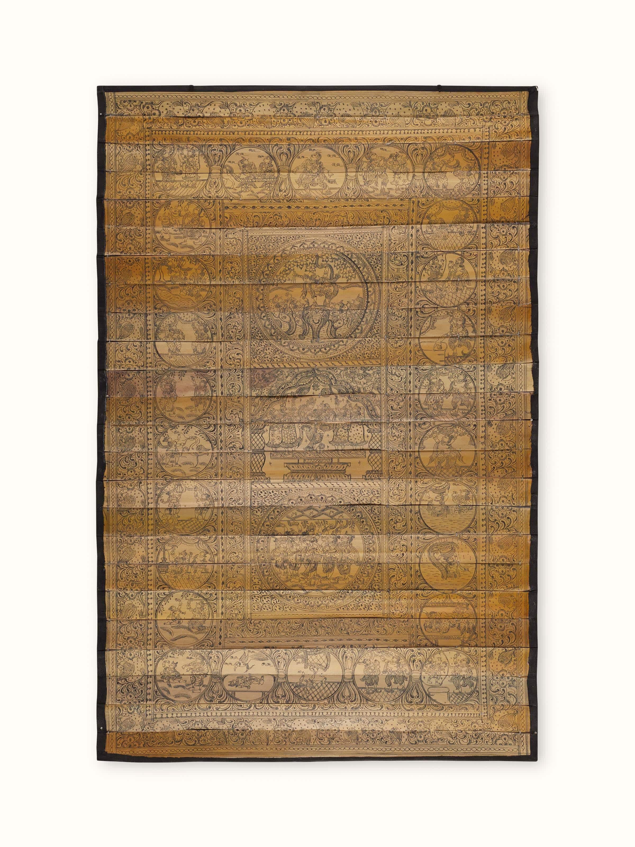 Front view of Palm Leaf Engraved Lord Krishna Narrative Wall Art showcasing intricate engraving and vibrant design.