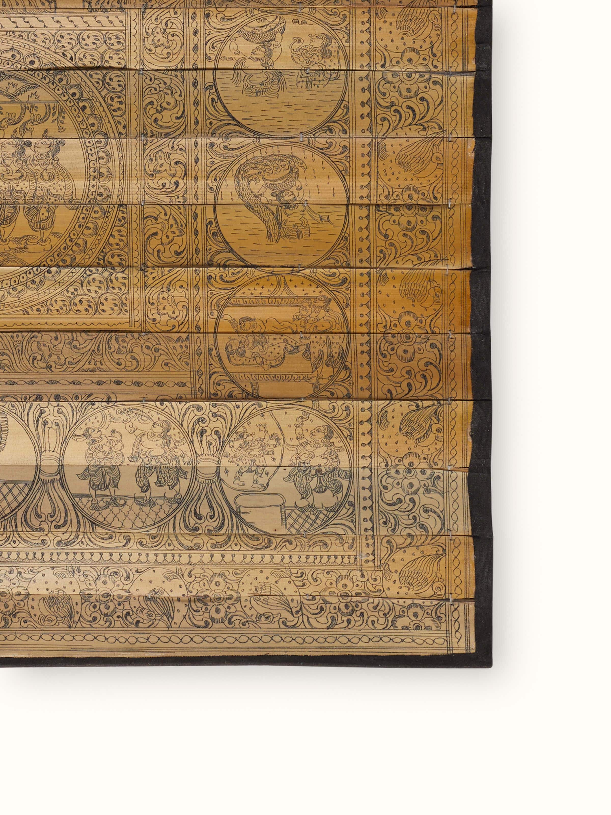 Side view of Palm Leaf Engraved Lord Krishna Narrative Wall Art focusing on the dimensional aspects and craftsmanship.