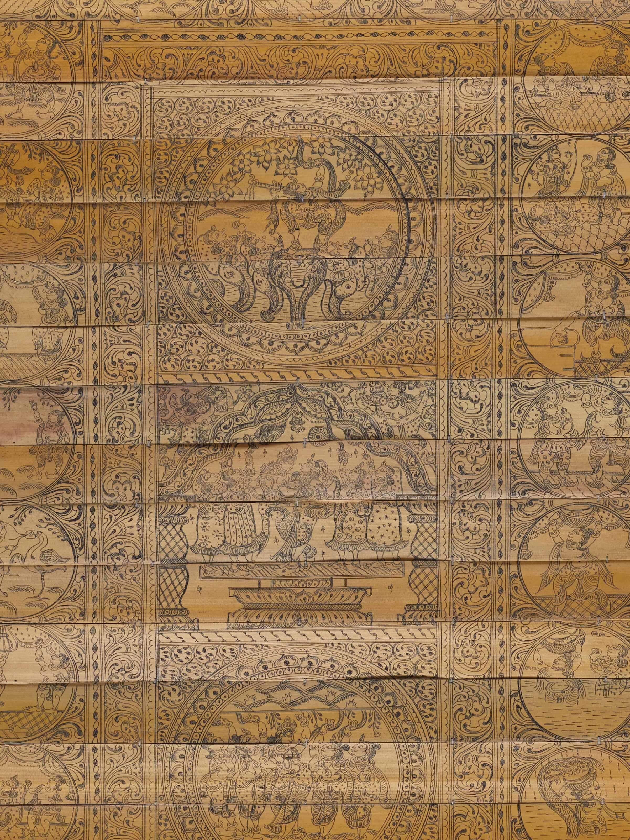 Close-up detail of Palm Leaf Engraved Lord Krishna Narrative Wall Art highlighting the fine engraving work.