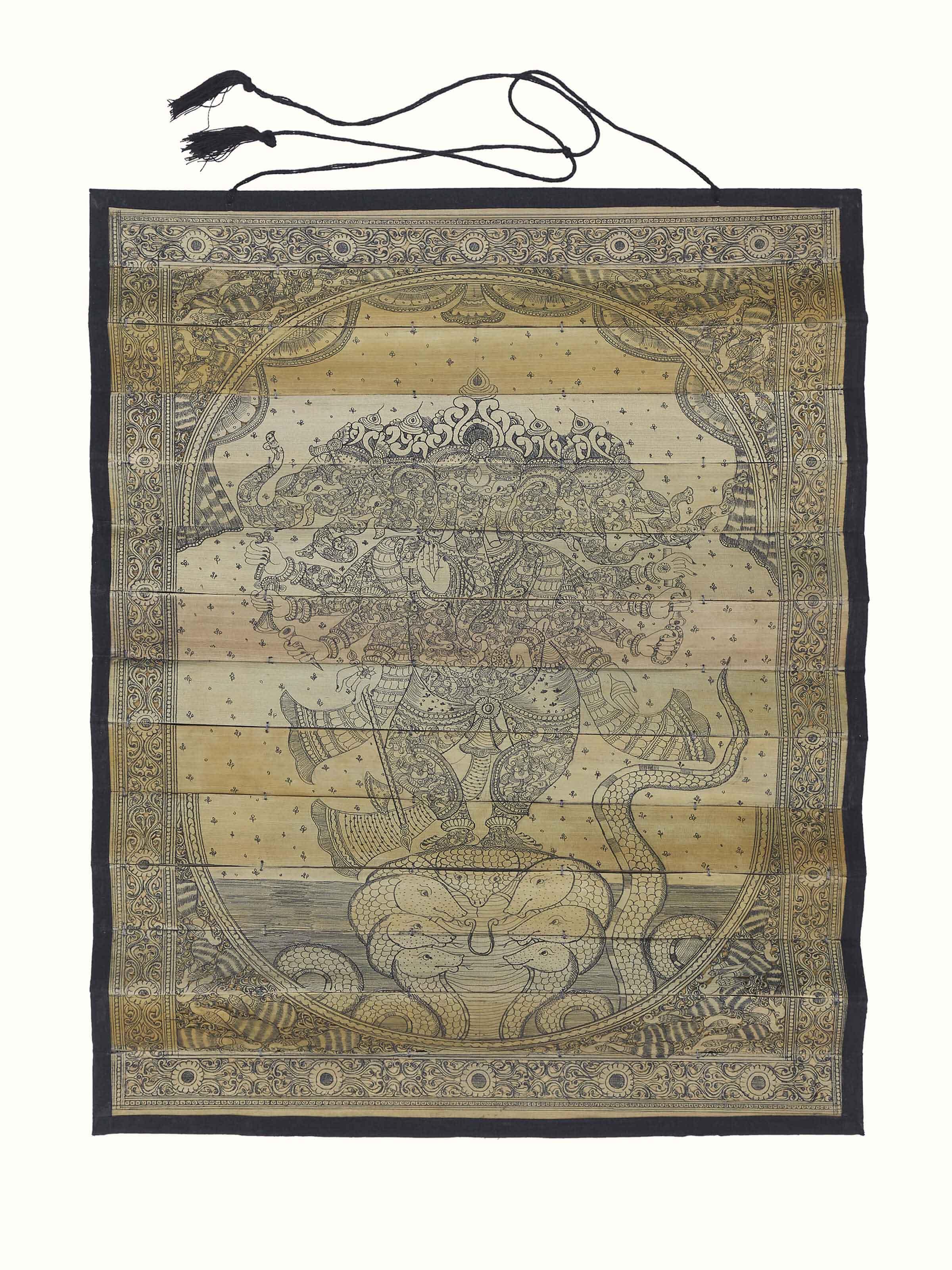 Front view of Palm Leaf Engraved Vakratunda Ganesha Wall Art, highlighting detailed engravings and spiritual design.