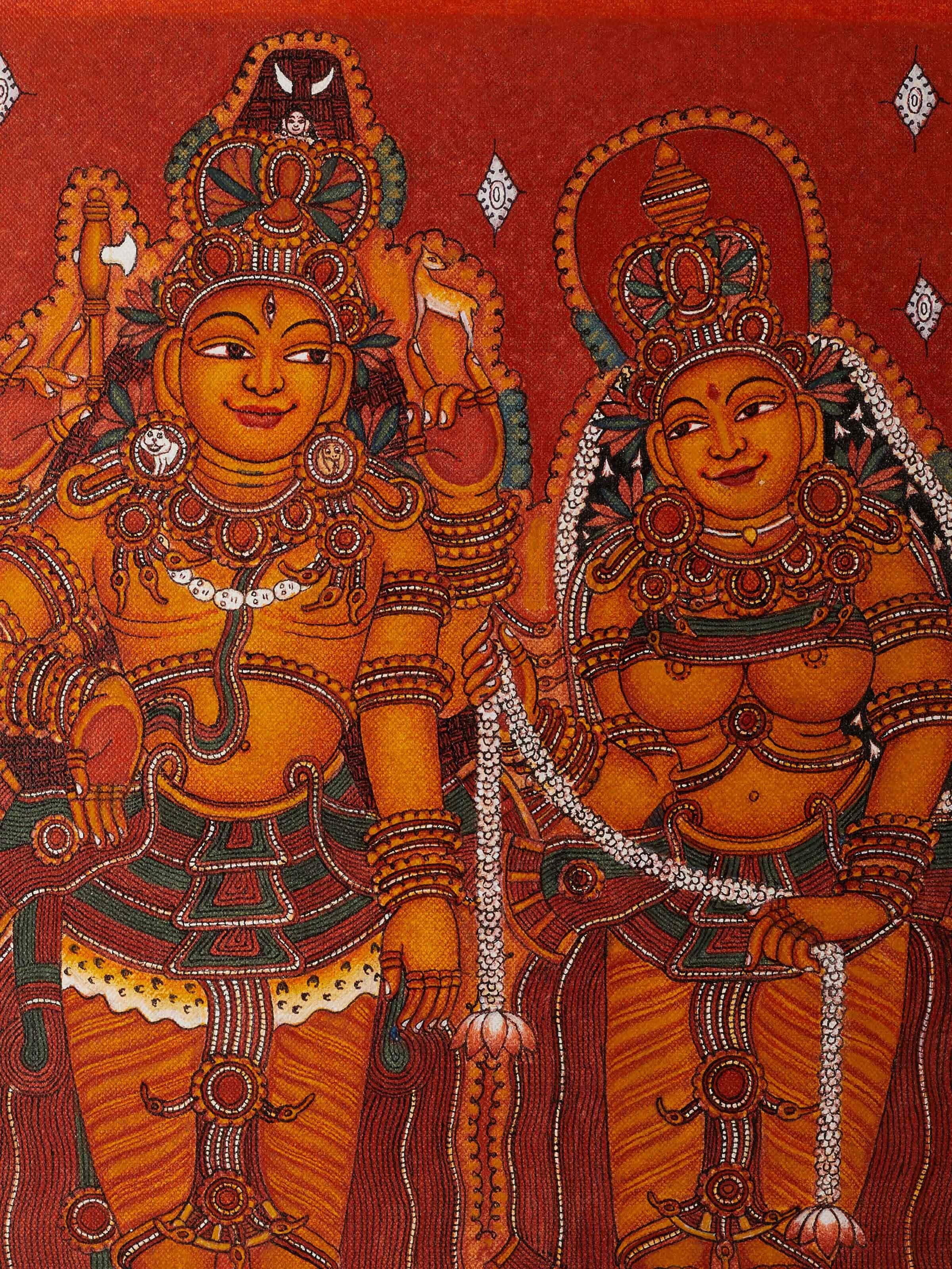 Detailed view of Swayamvaram Kerala mural painting, highlighting its intricate details and cultural motifs.