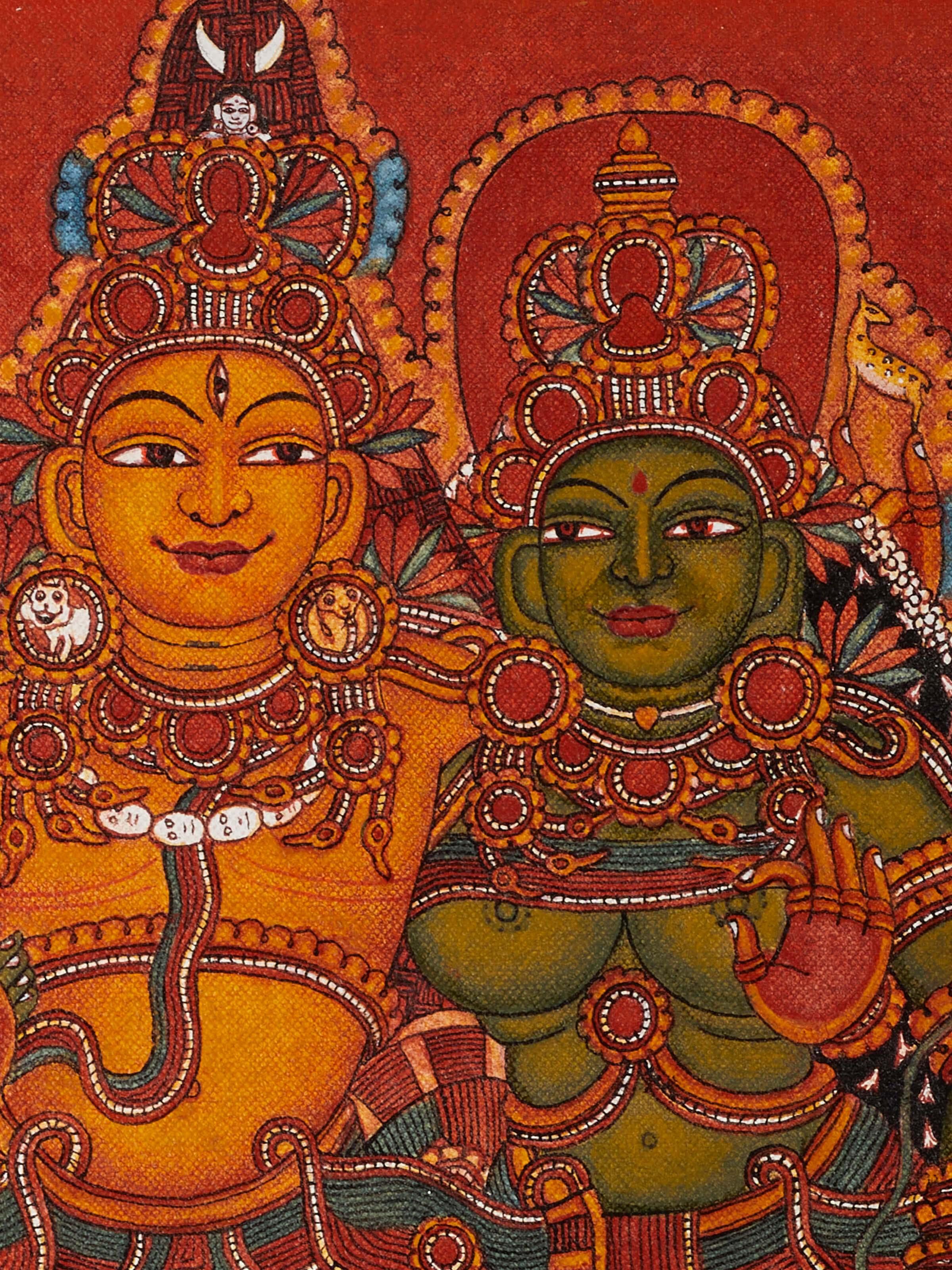 Close-up of Swayam Kerala mural painting, emphasizing intricate details and rich colors.