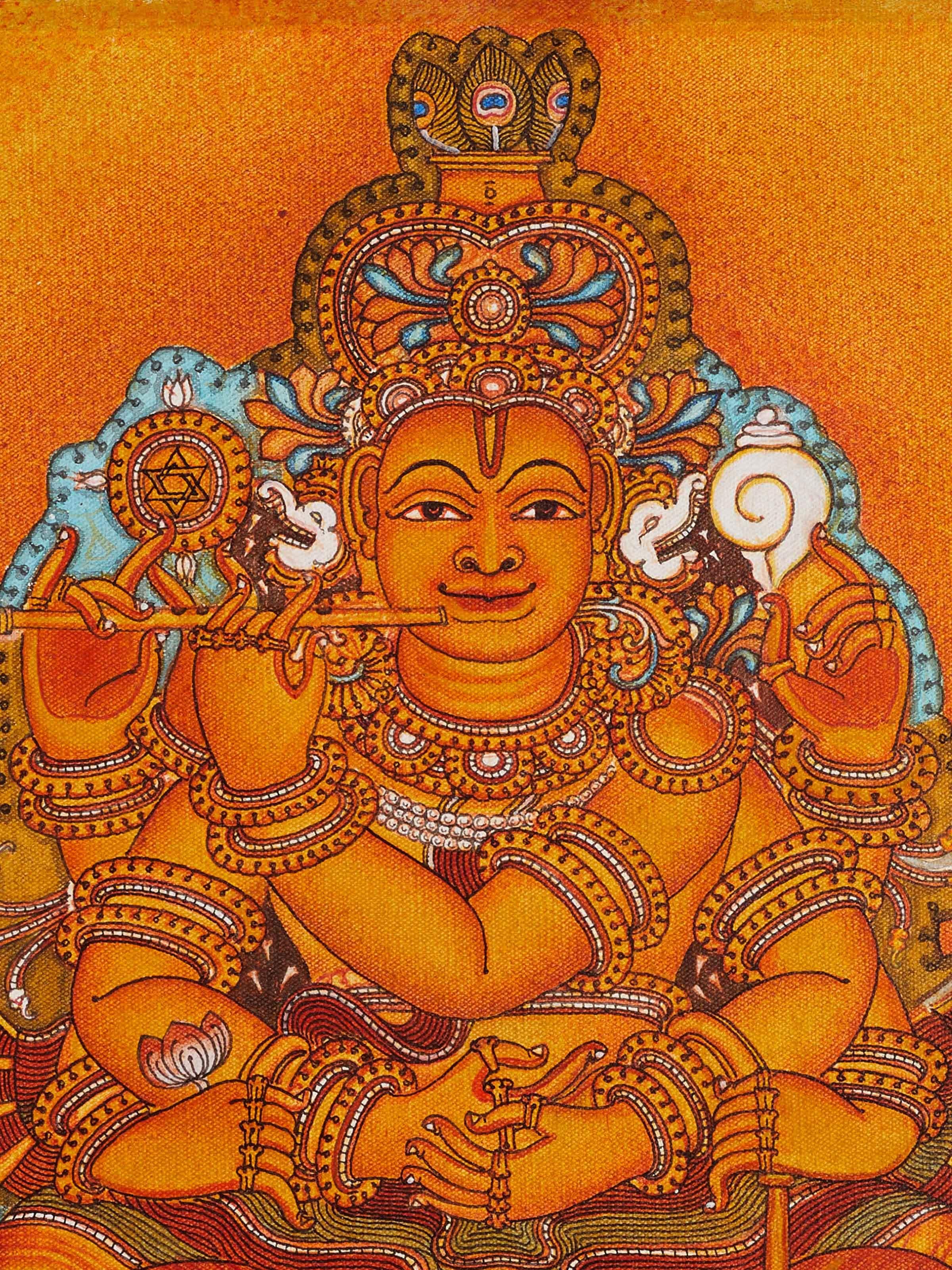 Close-up view of Madhanagopalam Kerala mural painting from Swadesh, highlighting the intricate details and traditional craftsmanship.