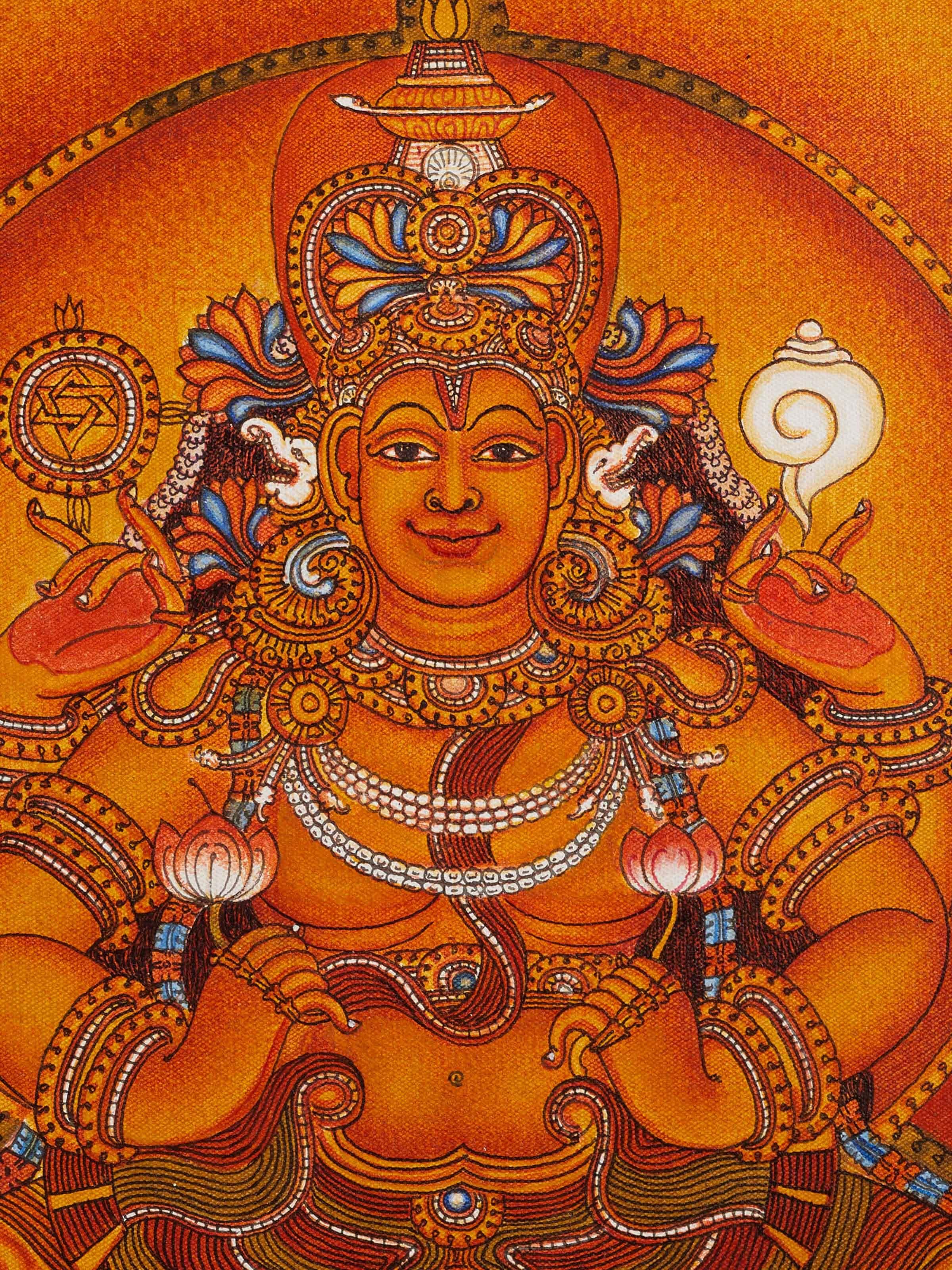 Detailed view of Gayathri Kerala mural painting showcasing intricate designs and traditional Kerala art